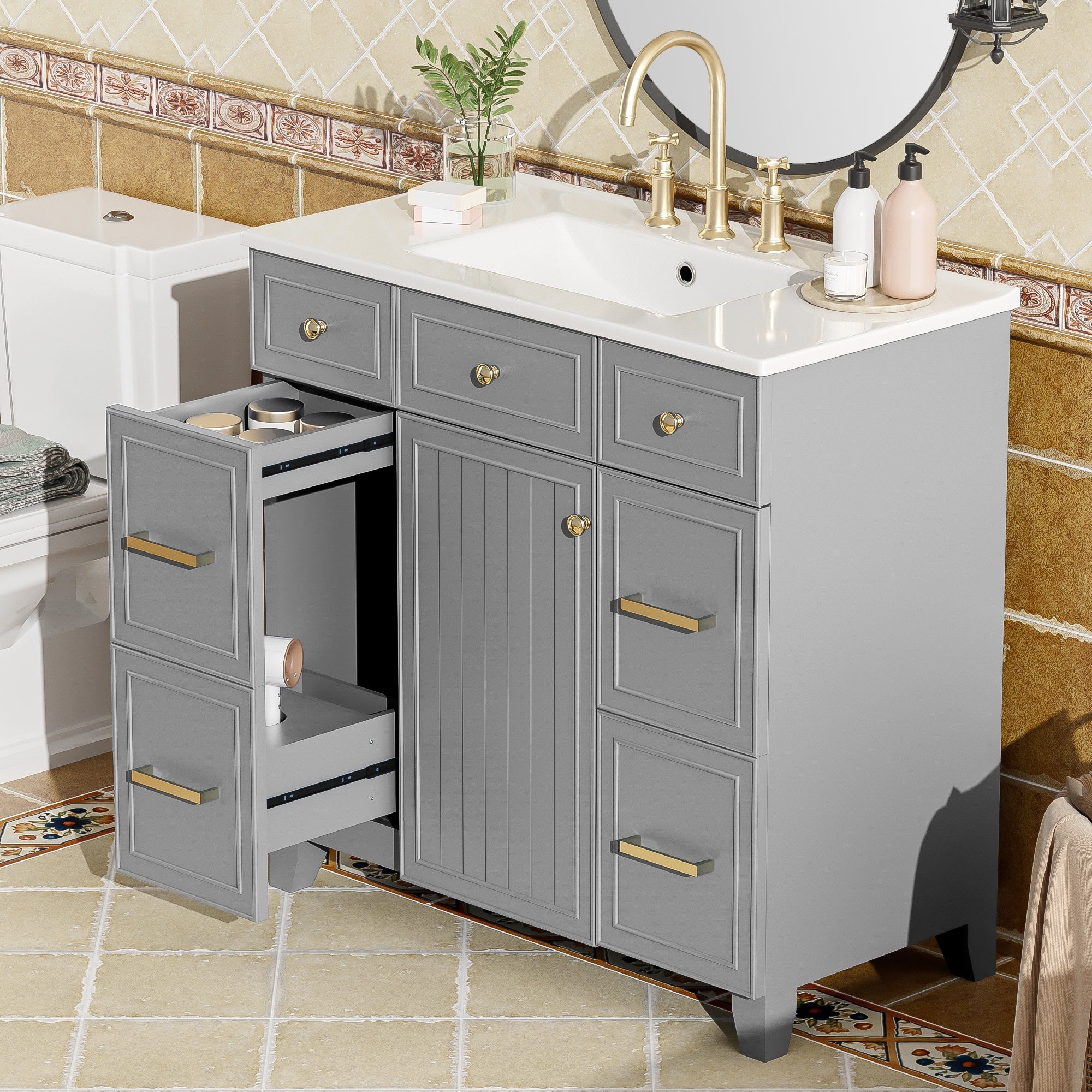 Pagosa 36" Bathroom Vanity with Sink, 3 Drawers and Pull-Out Storage