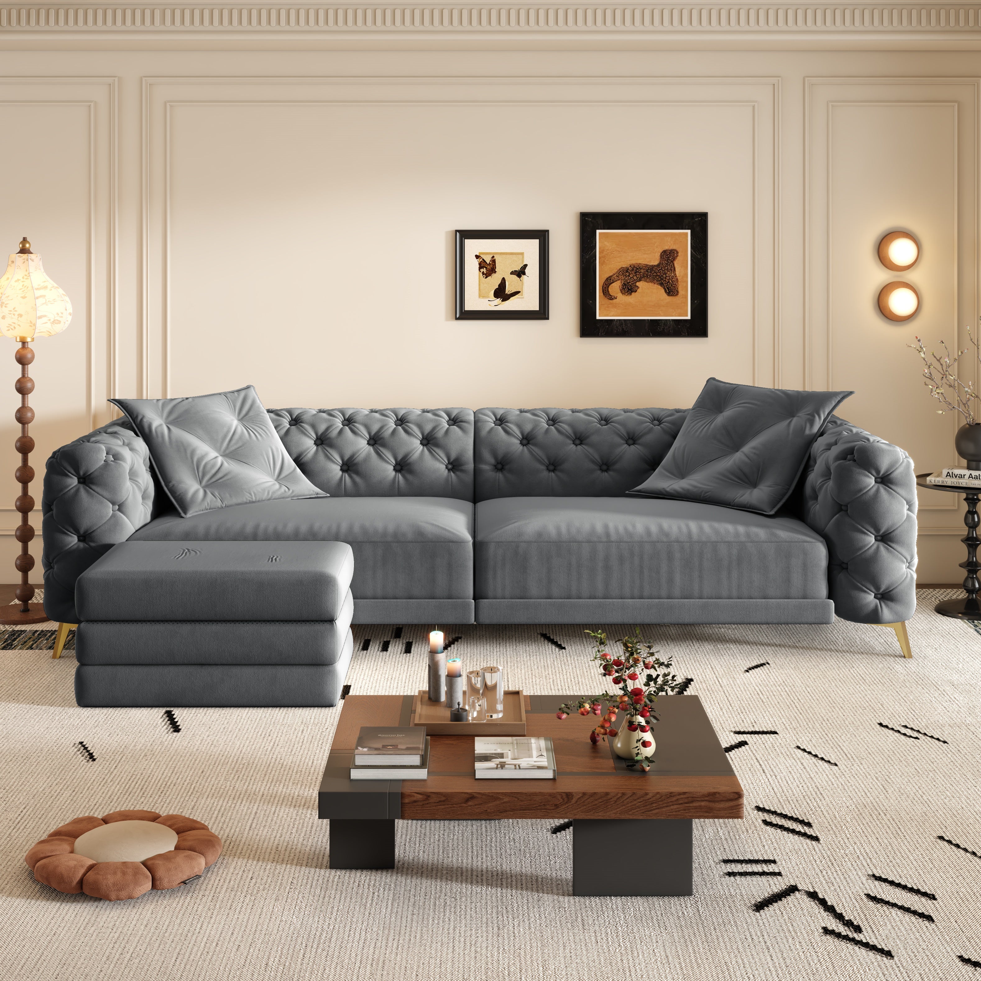Allentown 98" Velvet Button Tufted 4-Seater Sleeper Sofa Bed with Movable Ottoman