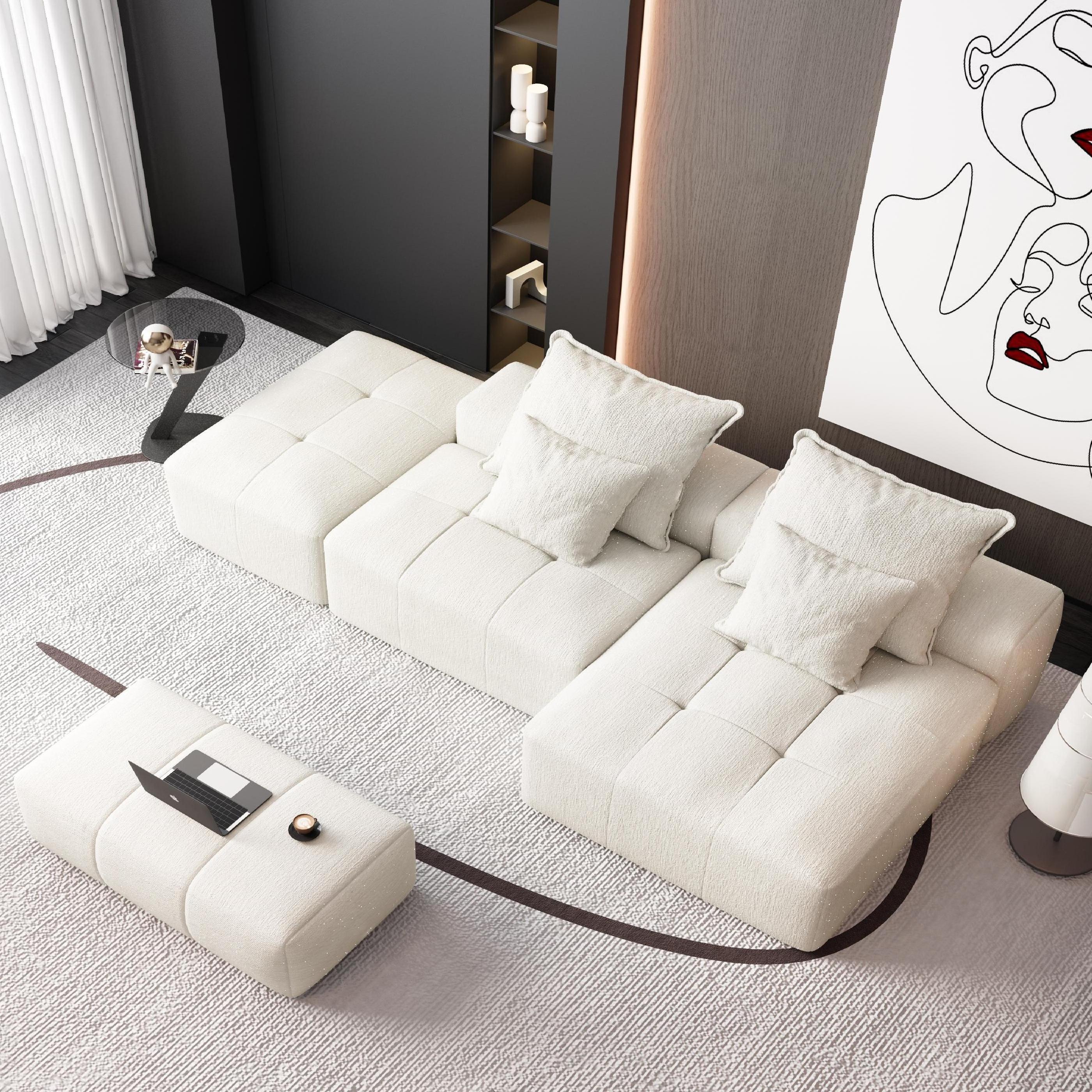 Denver 128" Modular Chenille Tufted Sectional Sofa with Ottoman and Chaise Lounge