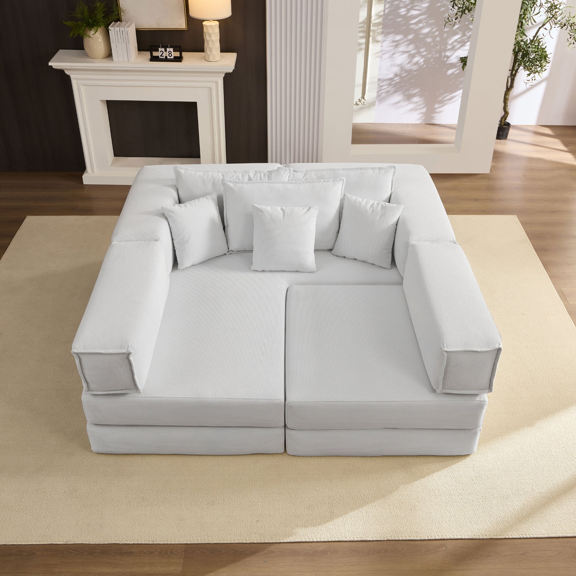 Abilene 118" Corduroy Convertible Modular L-Shaped Sectional Sofa with 6 Pillows
