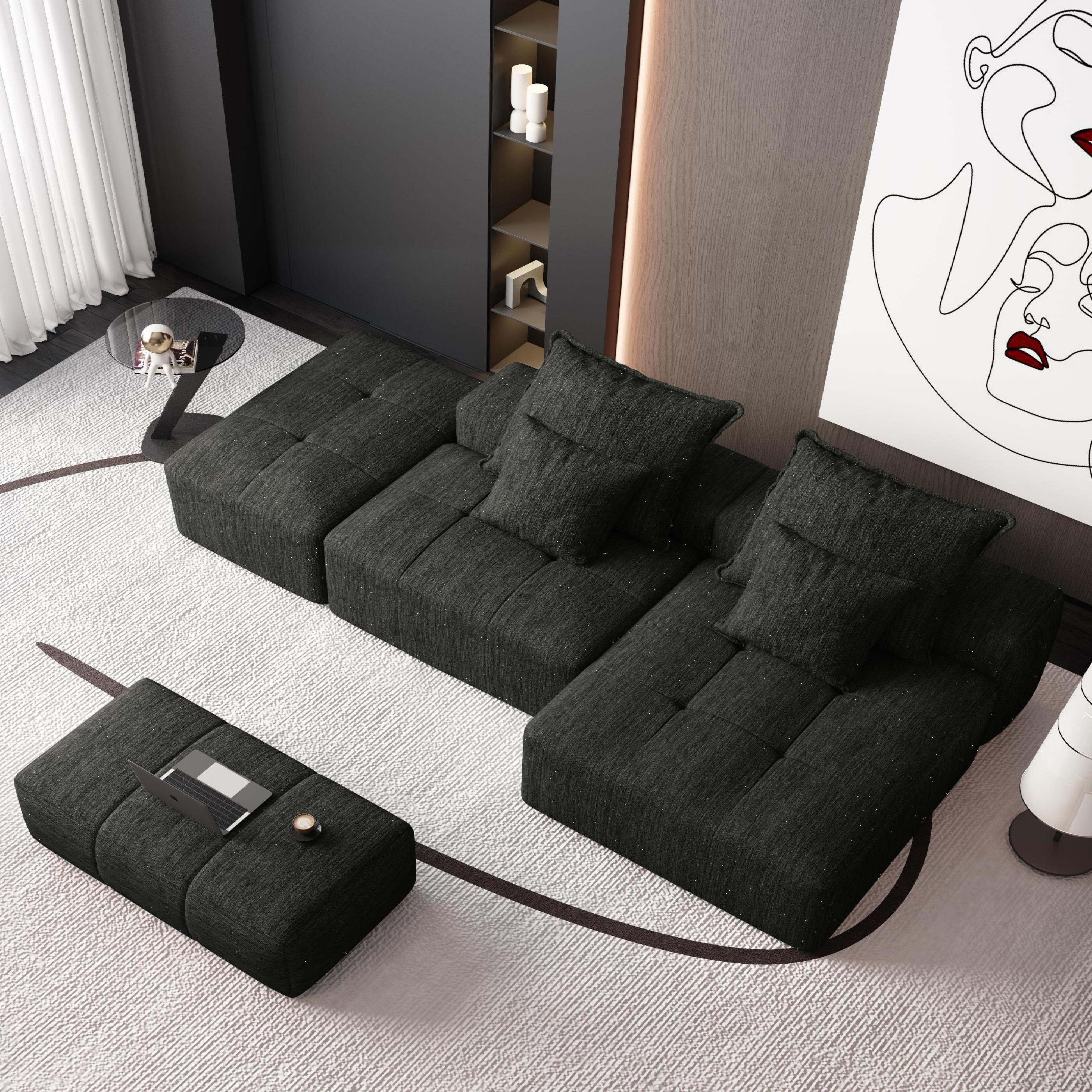 Denver 128" Modular Chenille Tufted Sectional Sofa with Ottoman and Chaise Lounge