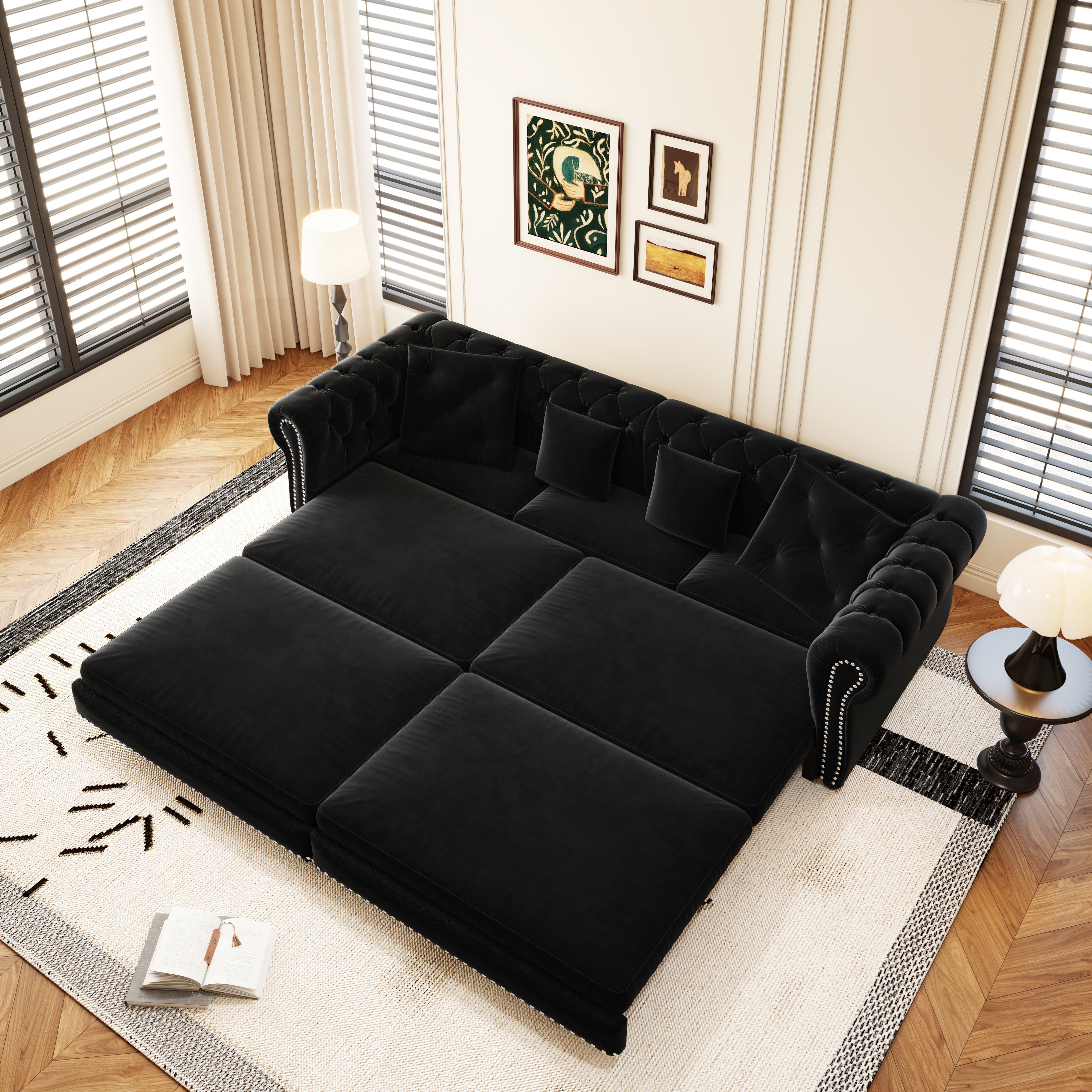 Billings 89" Velvet Chesterfield Pull-Out Sleeper Sofa Bed with Movable Ottoman