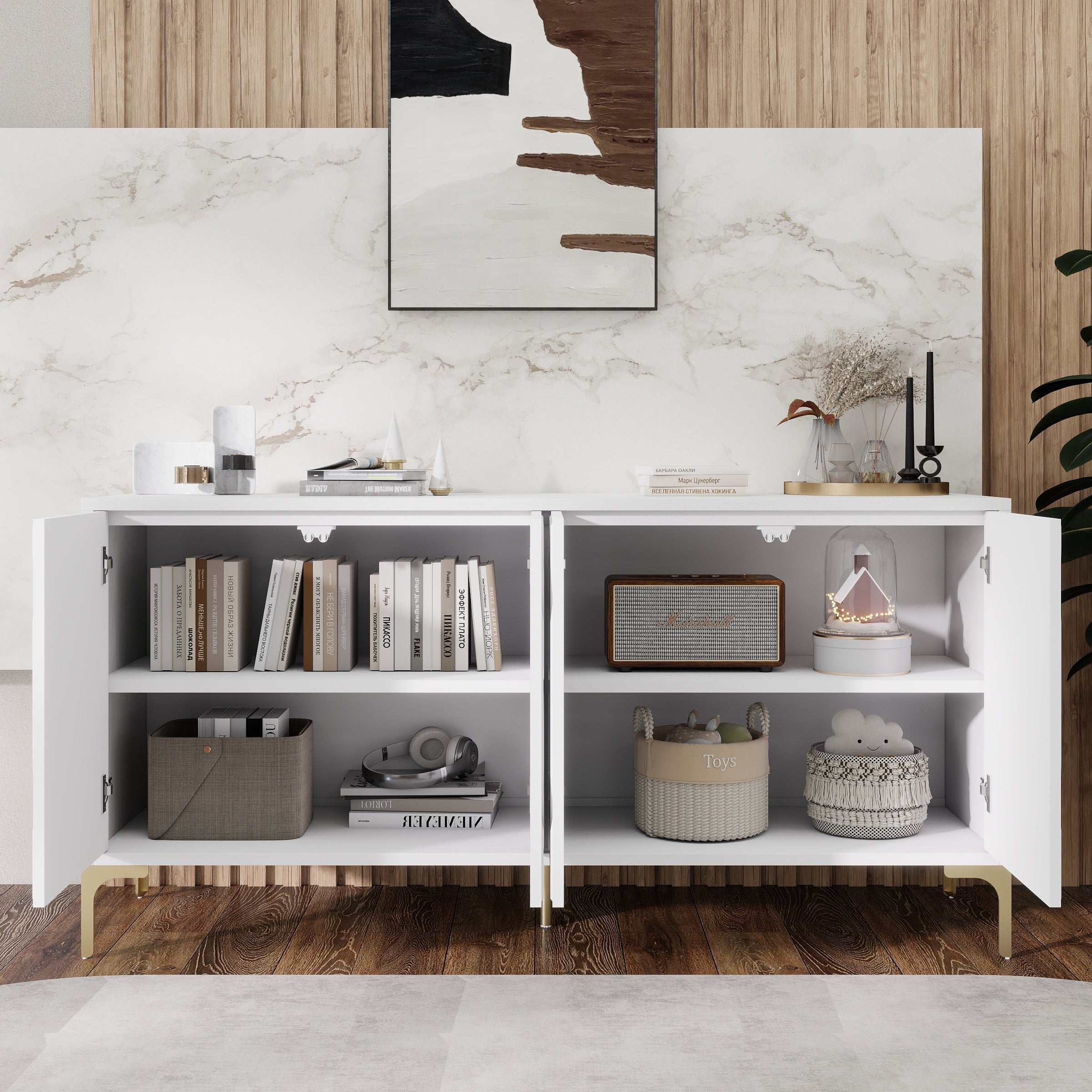 Prague Carved 4 Door Sideboard Buffet Cabinet, White