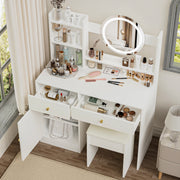 Malmo 35.4“ Modern White Vanity Table Set with Lighted Mirror and Storage Shelves