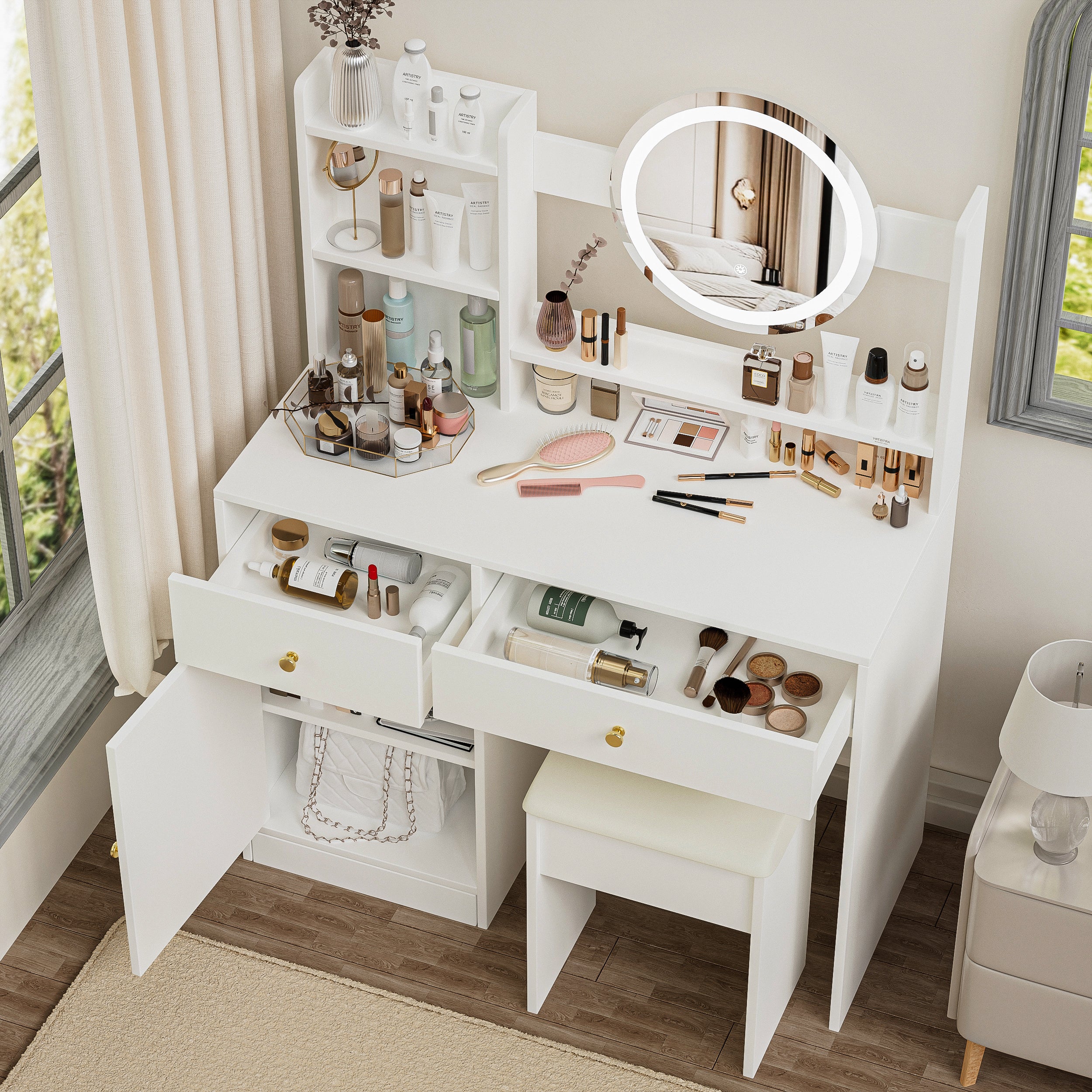 Malmo Modern White Vanity Table Set with Lighted Mirror and Storage Shelves
