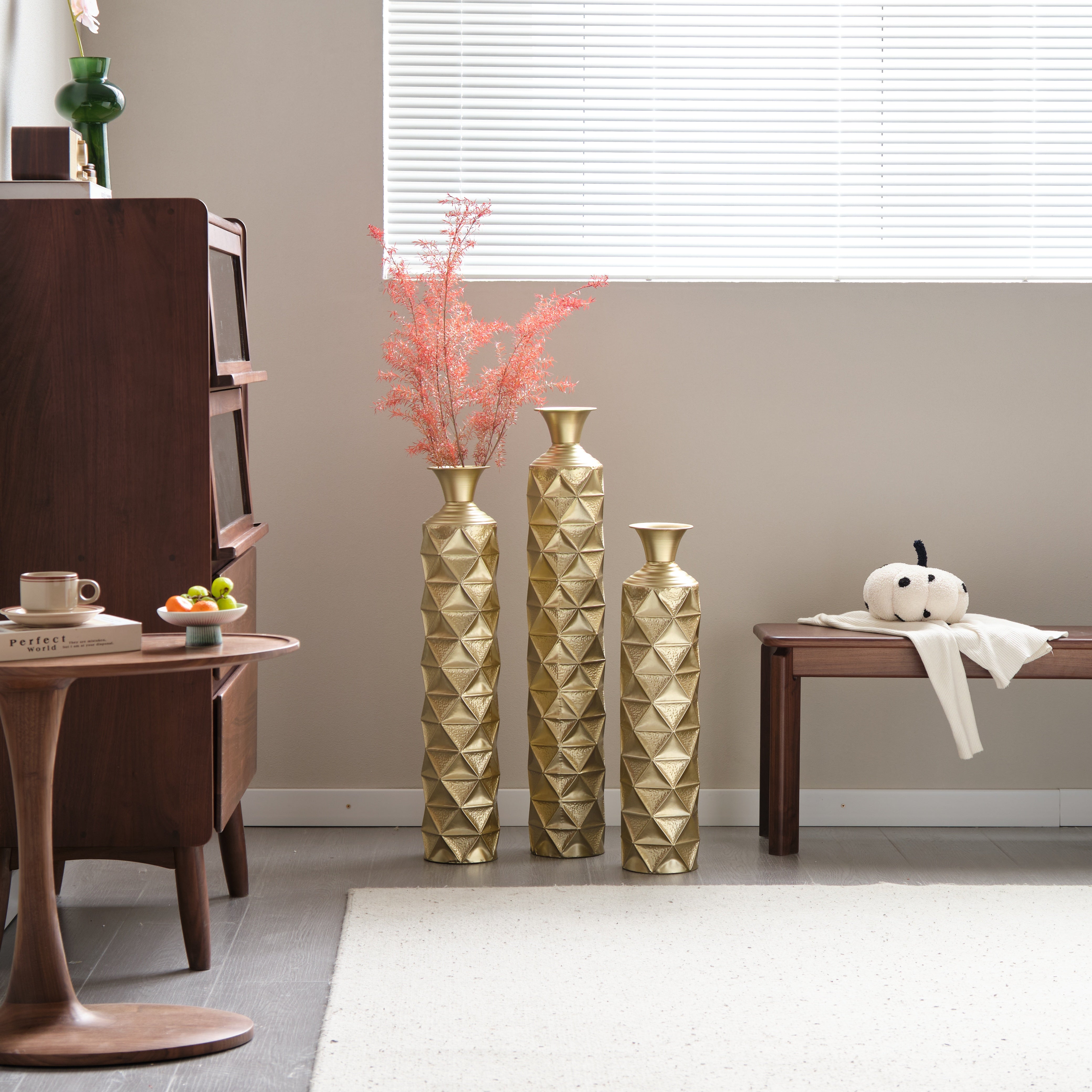 Orion Decorative Metal Vase Set of 3 with 3D Triangle Pattern