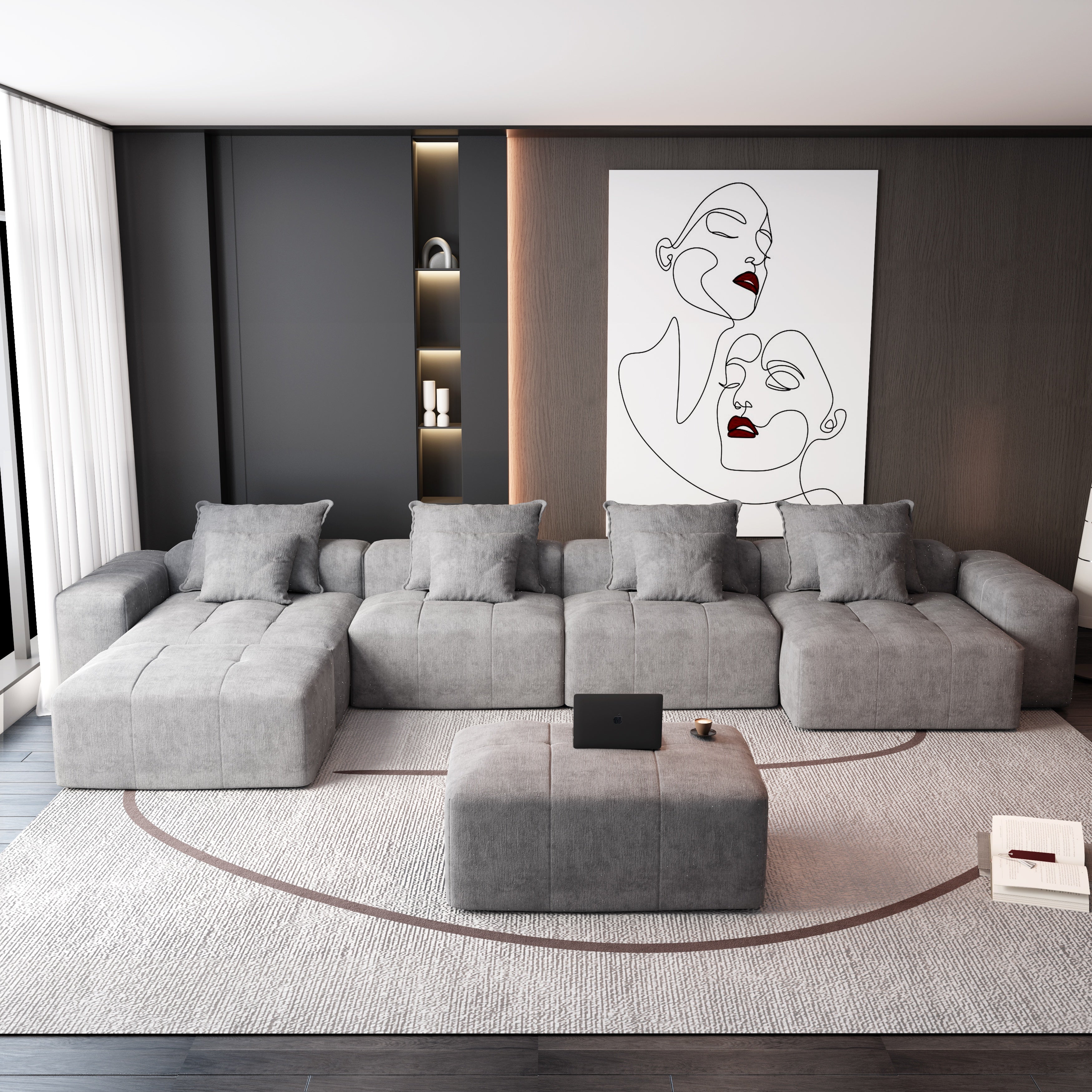 Denver 198" Oversized Chenille Tufted Modular Sectional Sofa with 8 Pillows