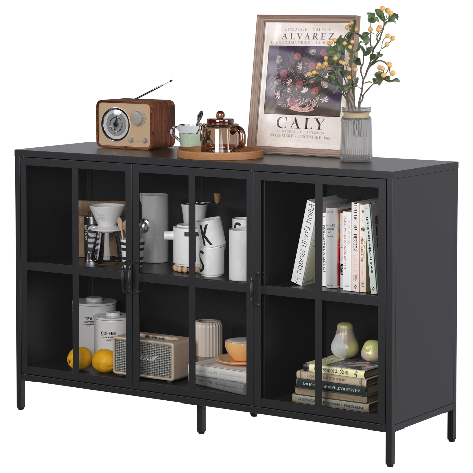 Andes Glass Doors Sideboard Storage Cabinet, Black