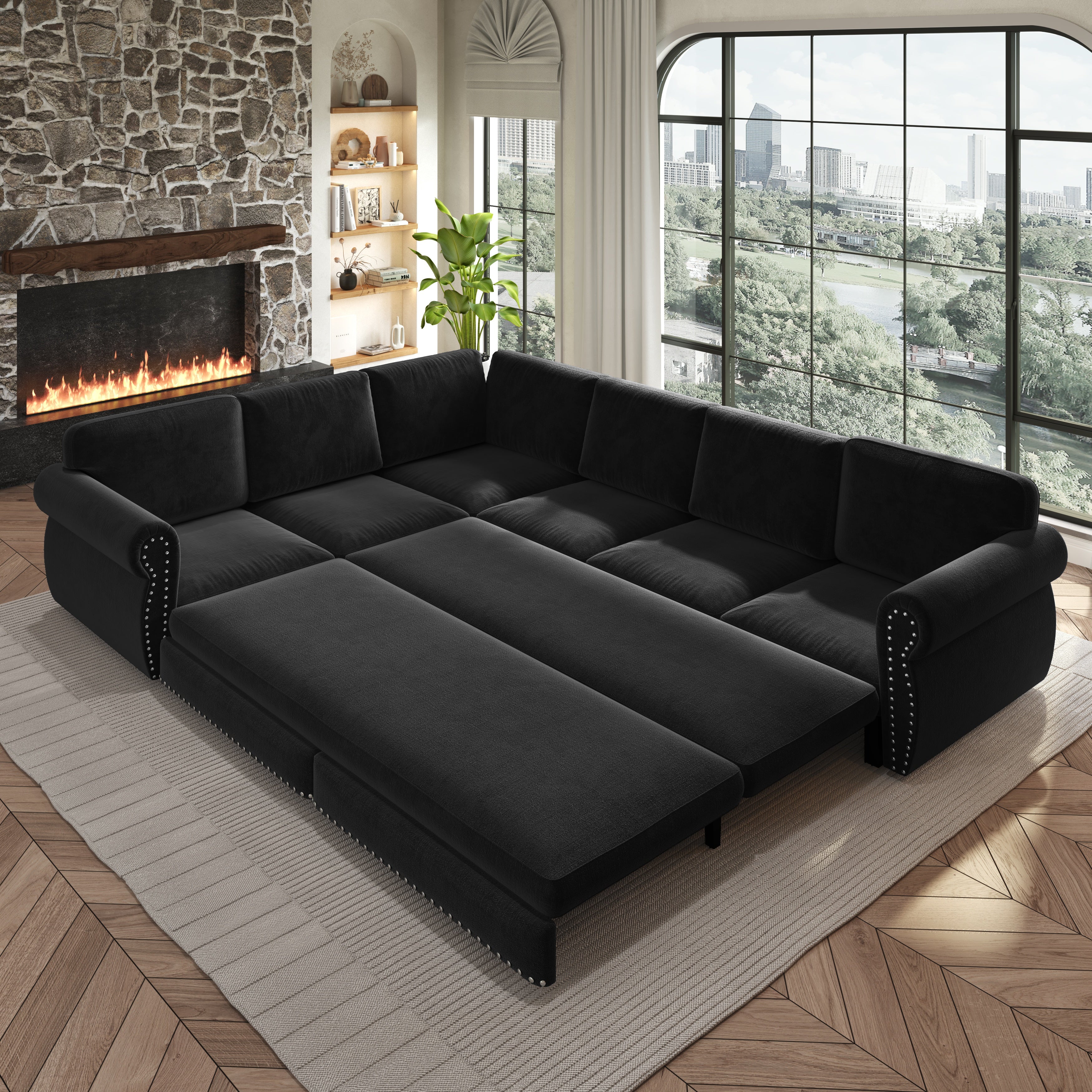 Buffalo 118" Chenille L-Shaped Sectional Sleeper Sofa