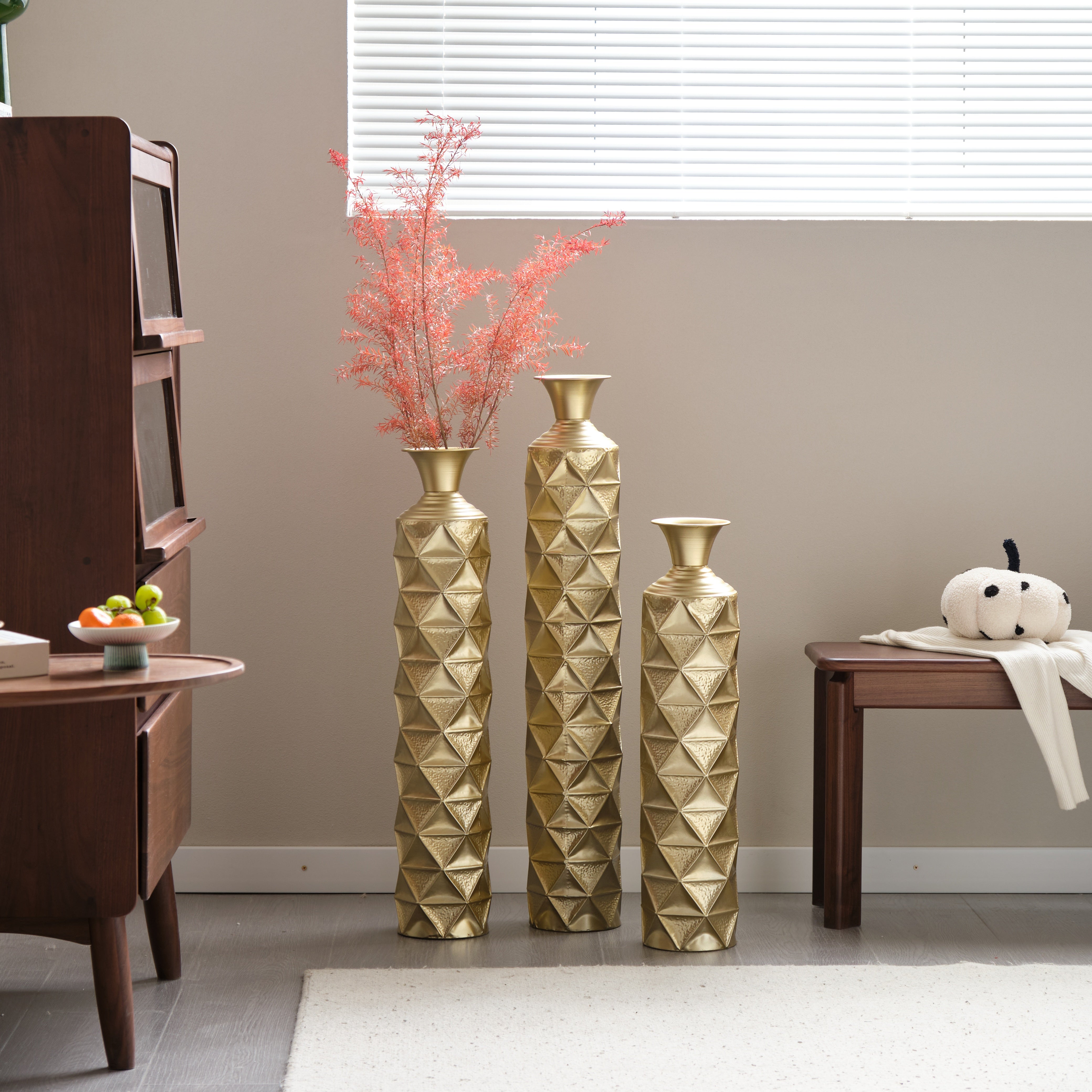 Orion Decorative Metal Vase Set of 3 with 3D Triangle Pattern