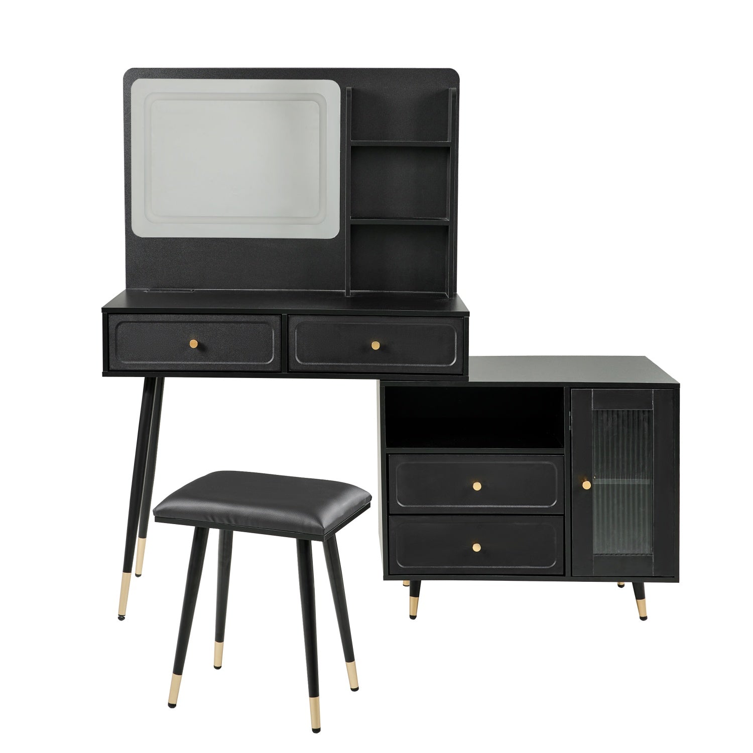 Voss Modern Vanity Desk Set with Lighted Mirror and Drawer Cabinet