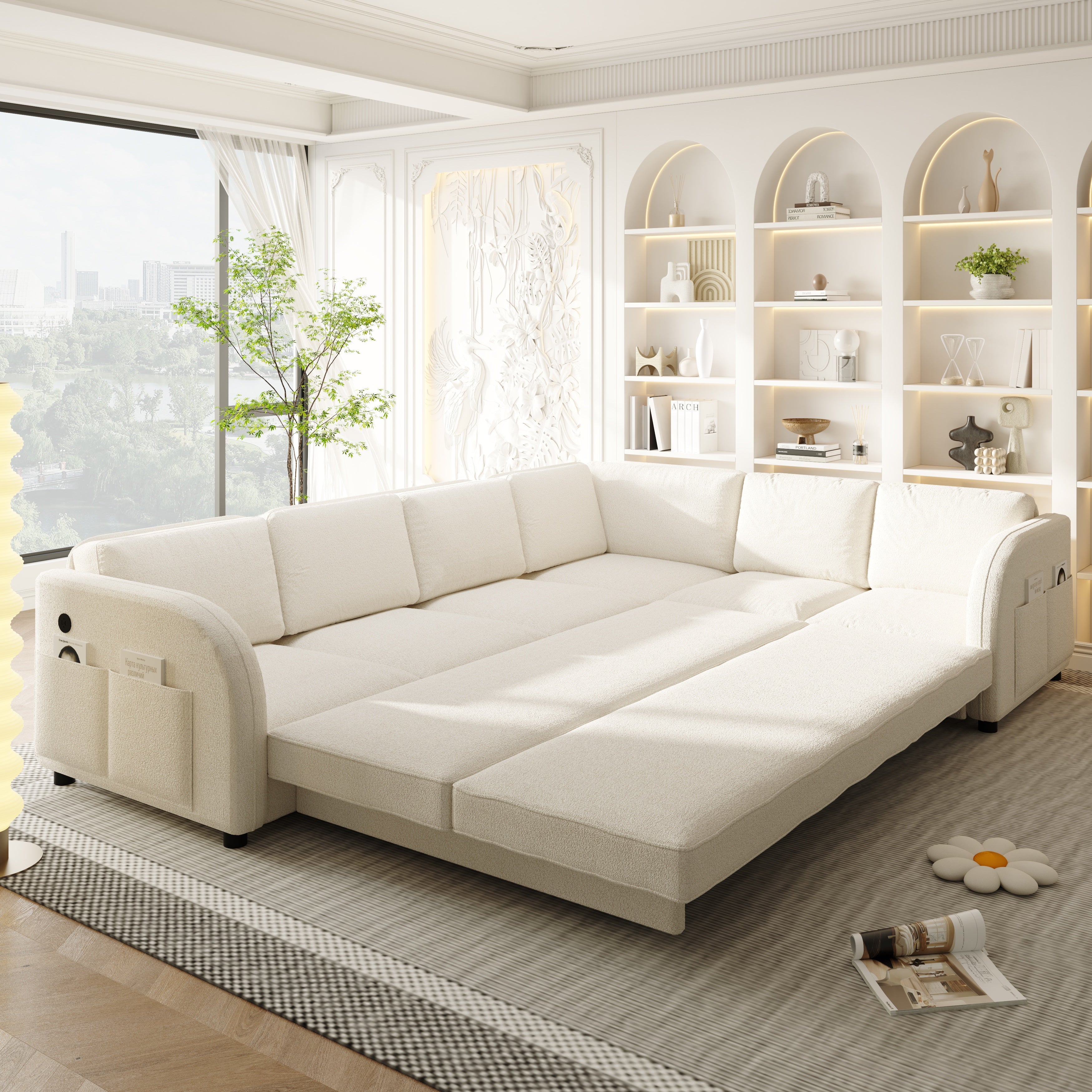 Marietta 115" Teddy L-Shaped Sleeper Sectional Sofa with California King-Size Sleeper and USB Port