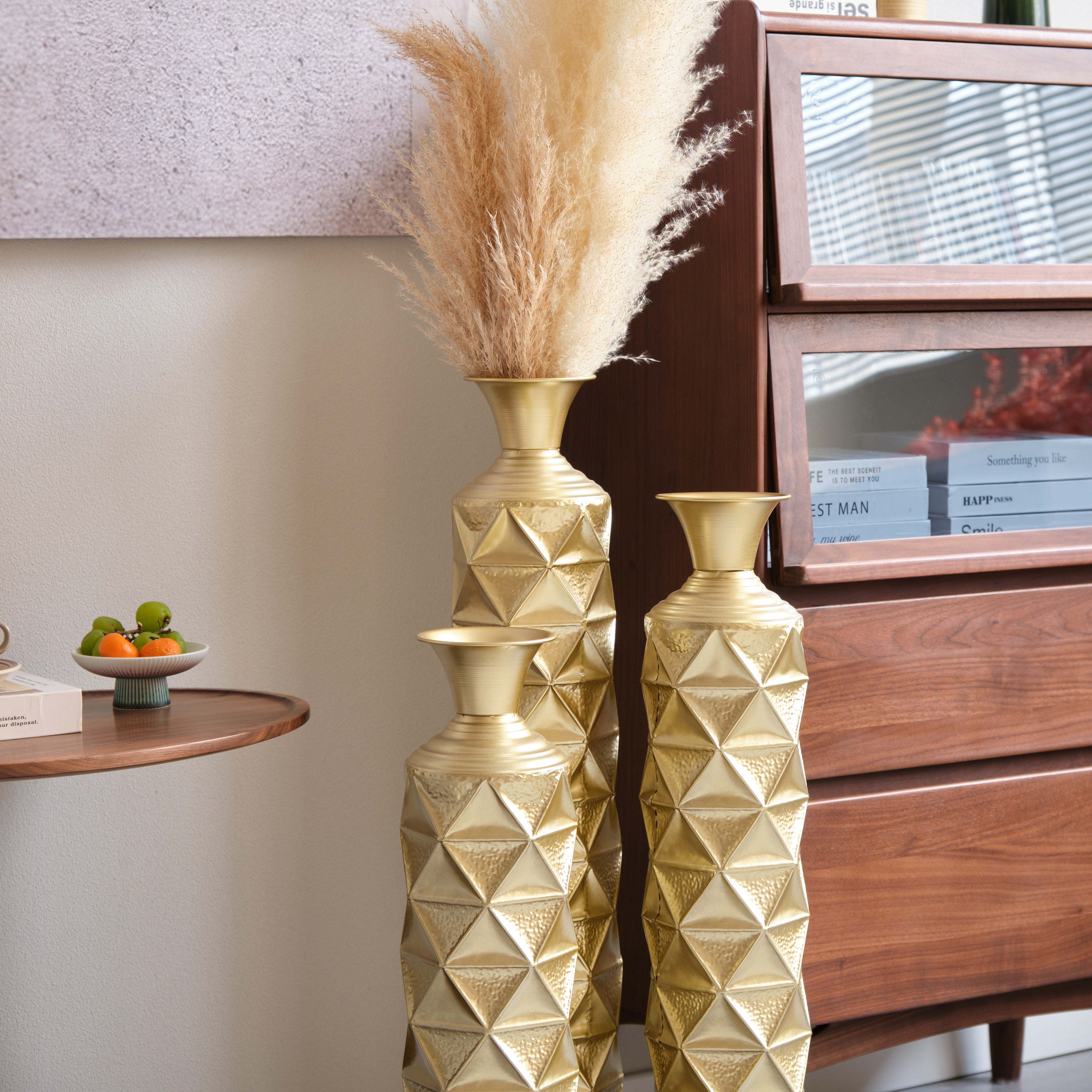 Orion Decorative Metal Vase Set of 3 with 3D Triangle Pattern