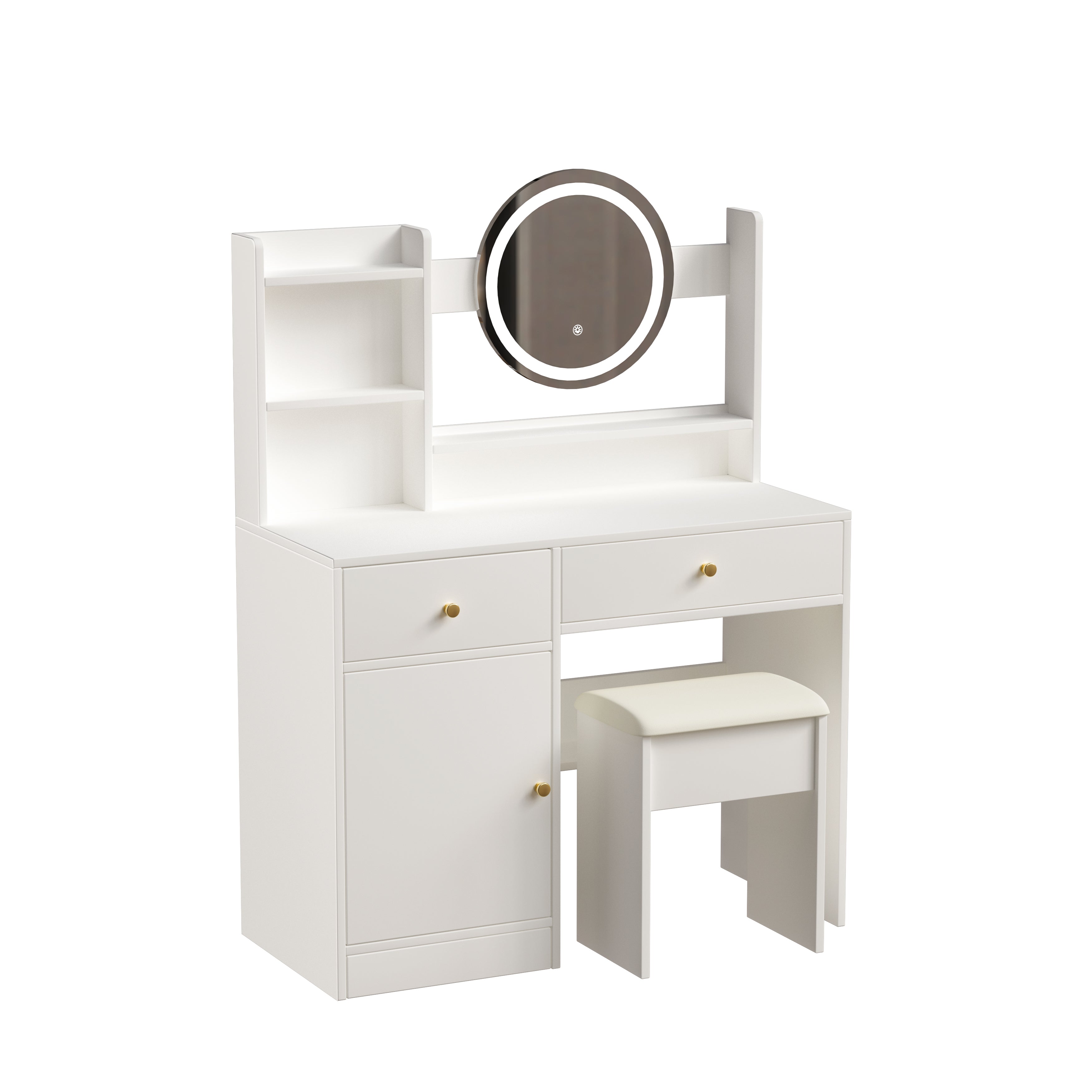 Malmo Modern White Vanity Table Set with Lighted Mirror and Storage Shelves
