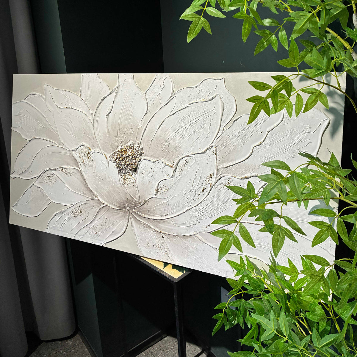Gardenia 48" x 24" Framed White Lotus Textured Canvas Wall Art