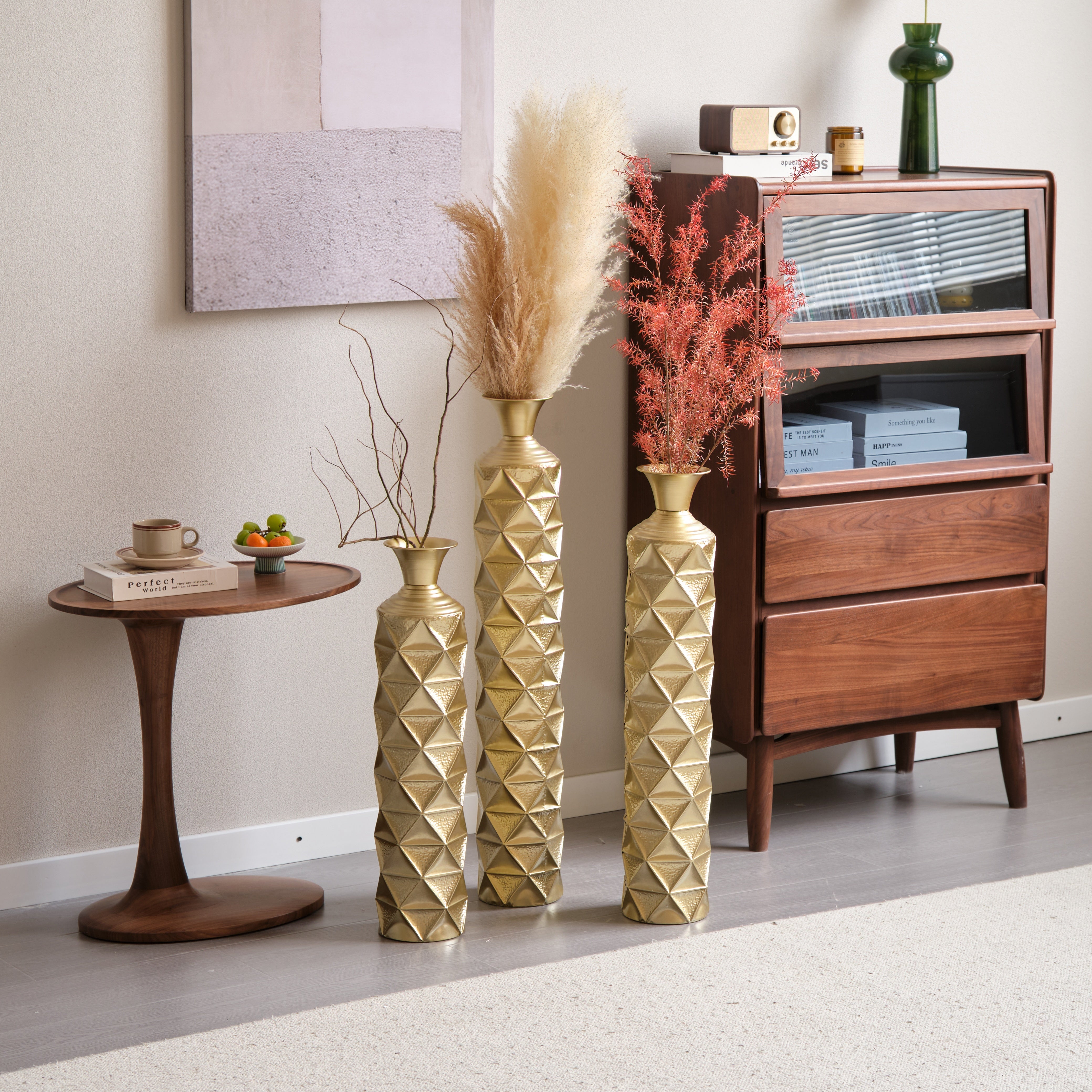 Orion Decorative Metal Vase Set of 3 with 3D Triangle Pattern