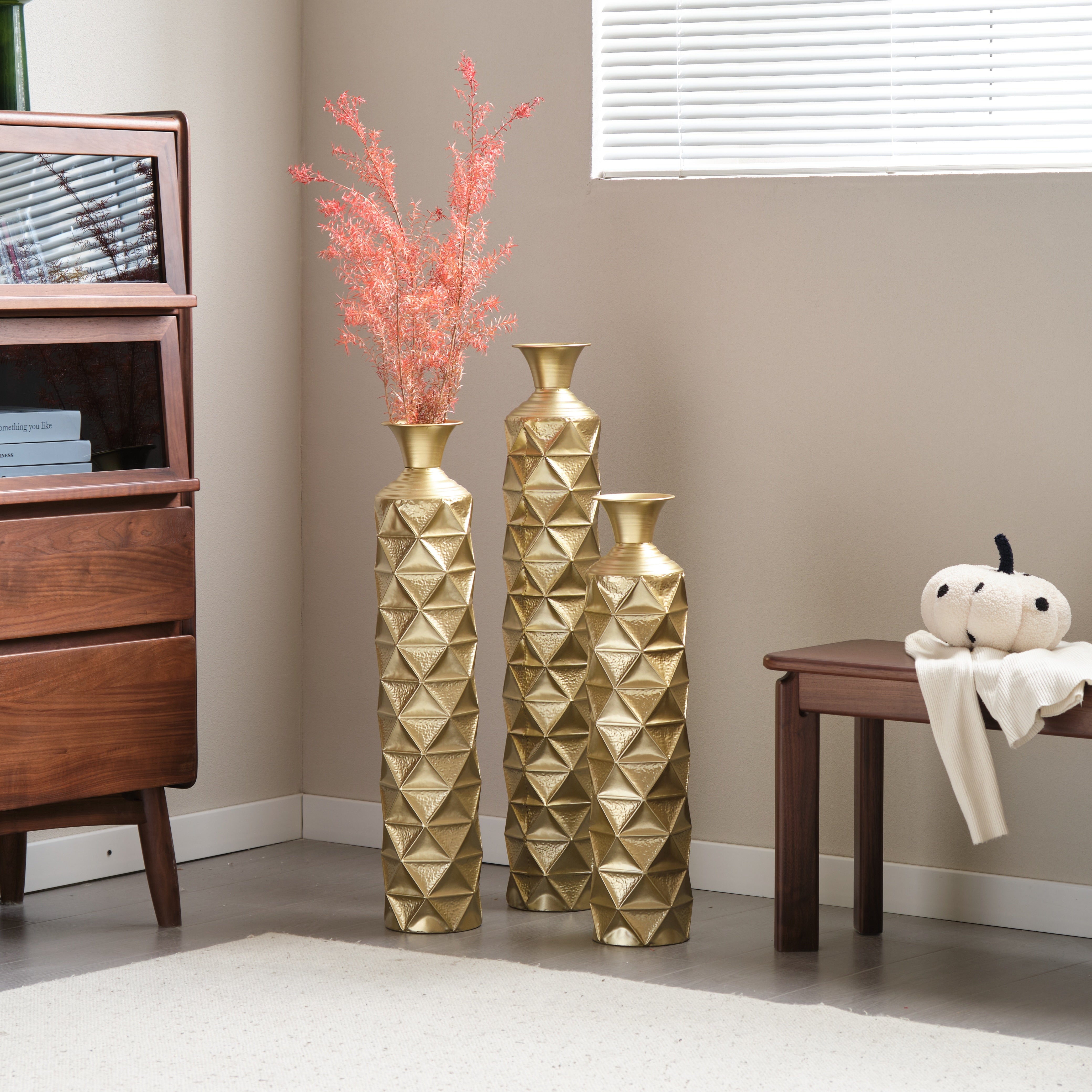 Orion Decorative Metal Vase Set of 3 with 3D Triangle Pattern