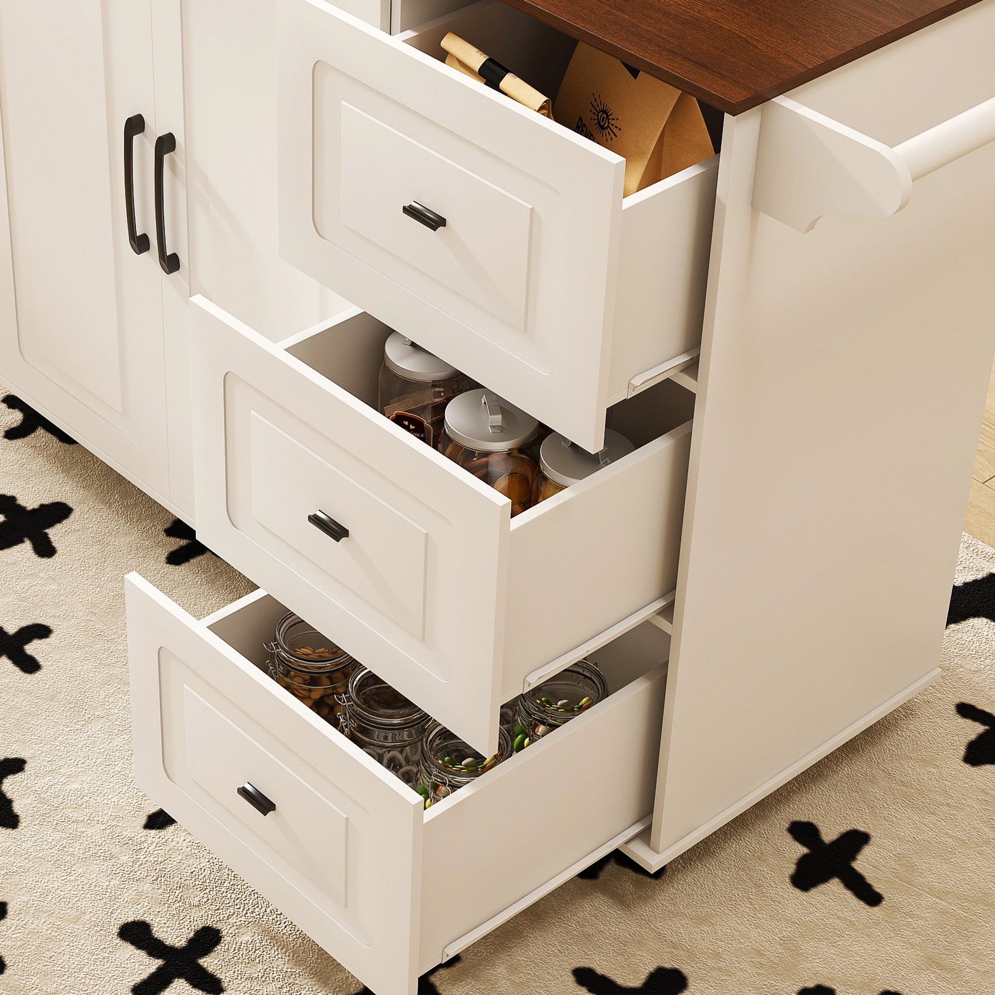 White Kitchen Island Cart with Foldable Tabletop & Drop Leaf - Mobile Breakfast Bar