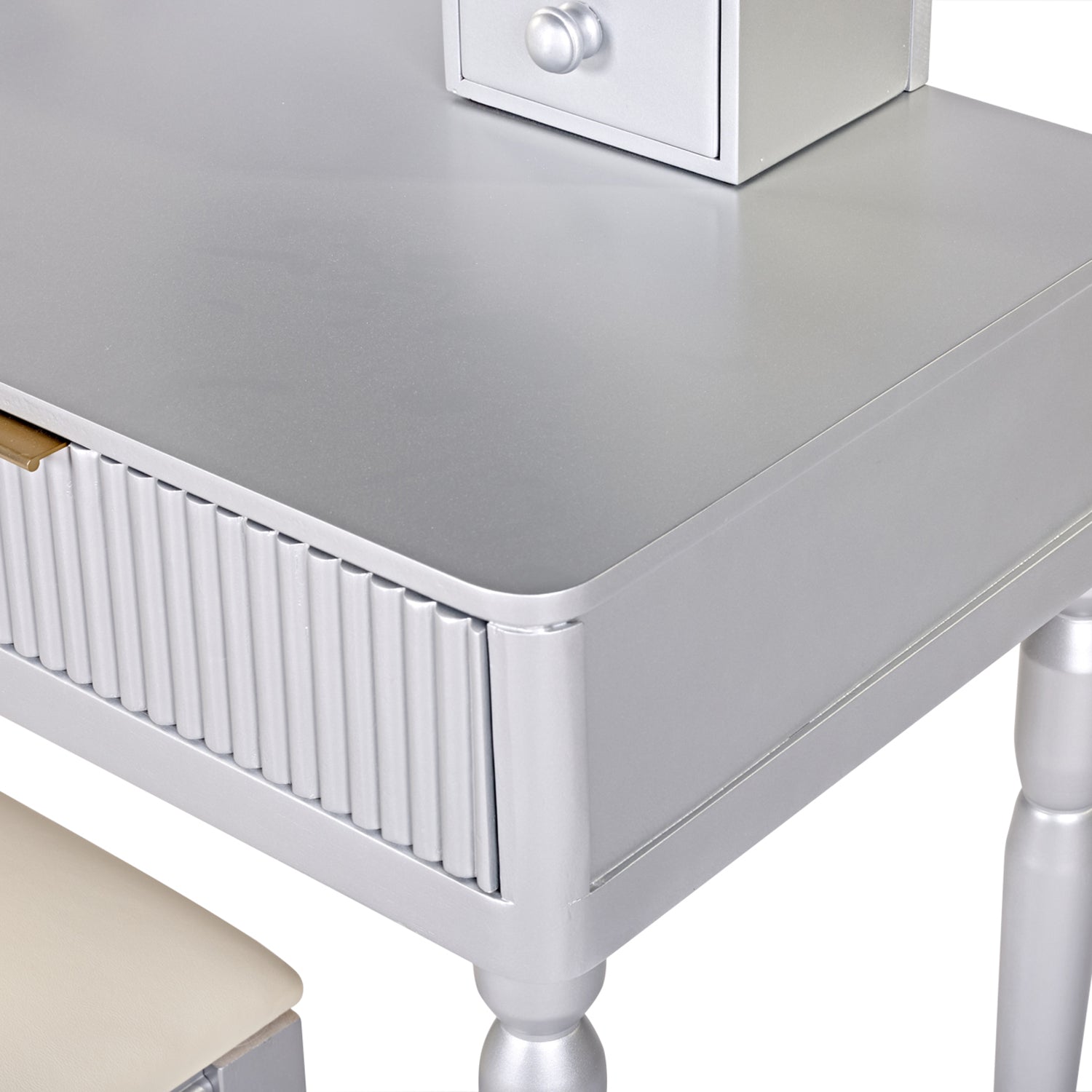 Vika 39" Fluted Vanity Desk Set with Round Mirror and Drawers