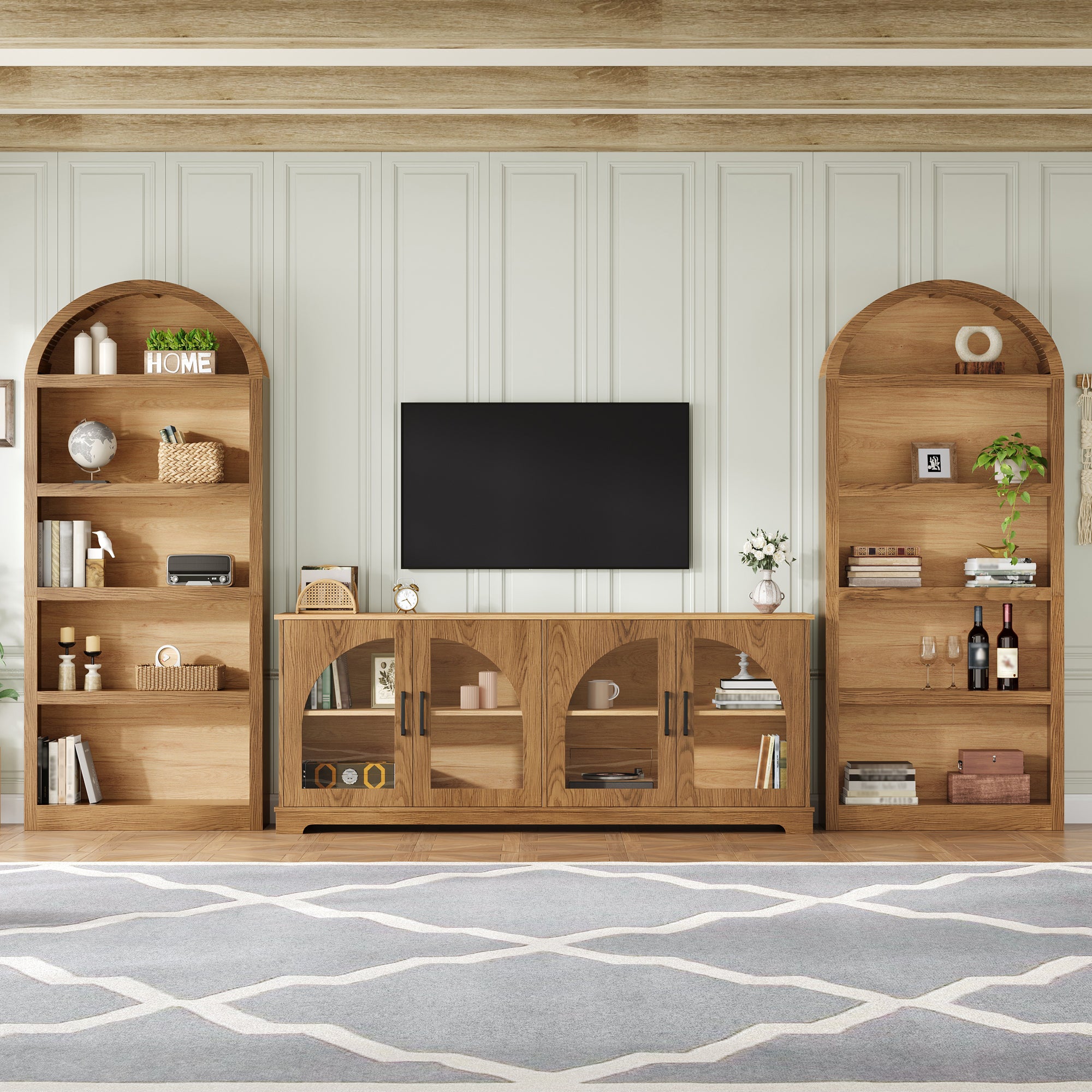 Spoleto 127" 3-Piece TV Stand Set with 2 Arched Bookcases