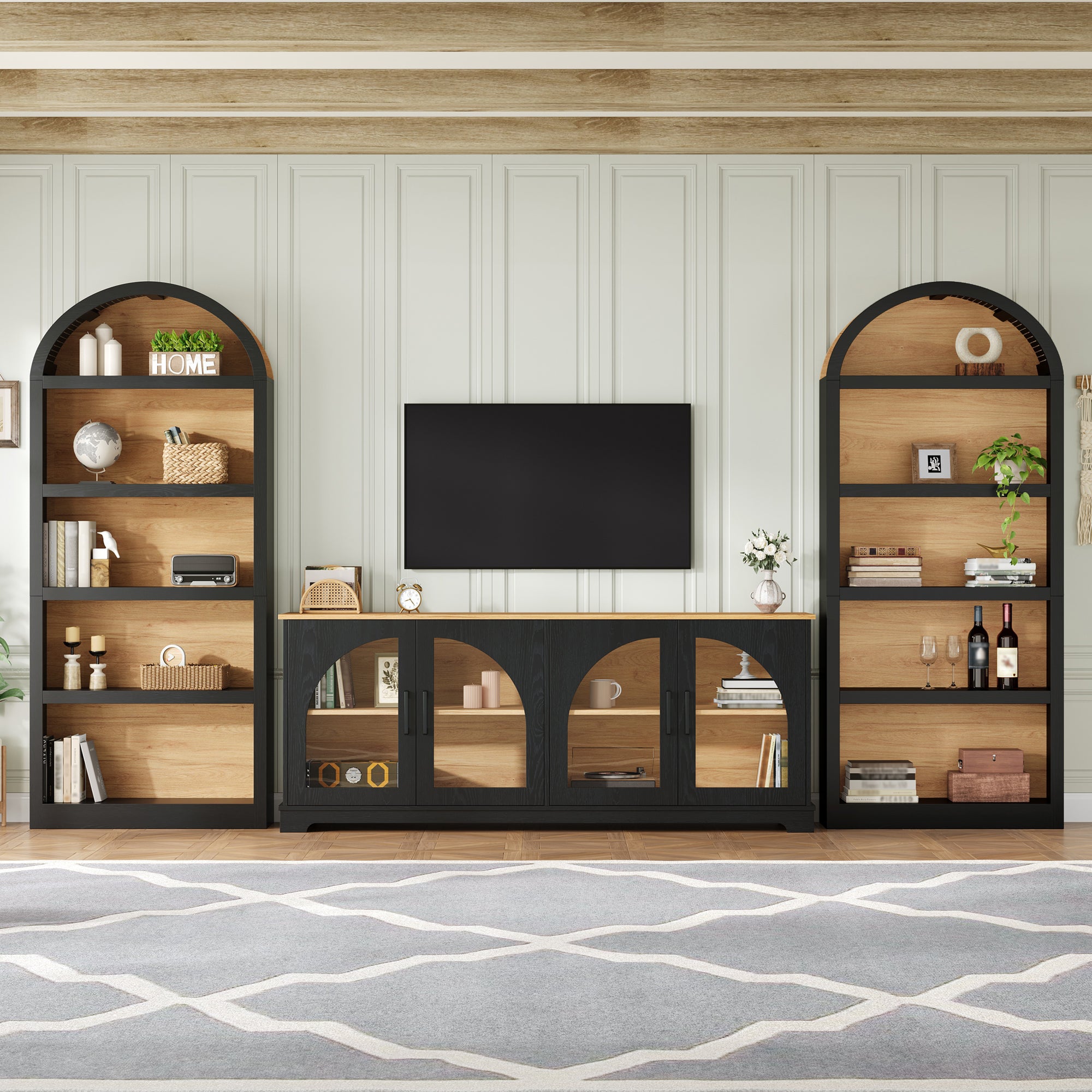 Spoleto 127" 3-Piece TV Stand Set with 2 Arched Bookcases