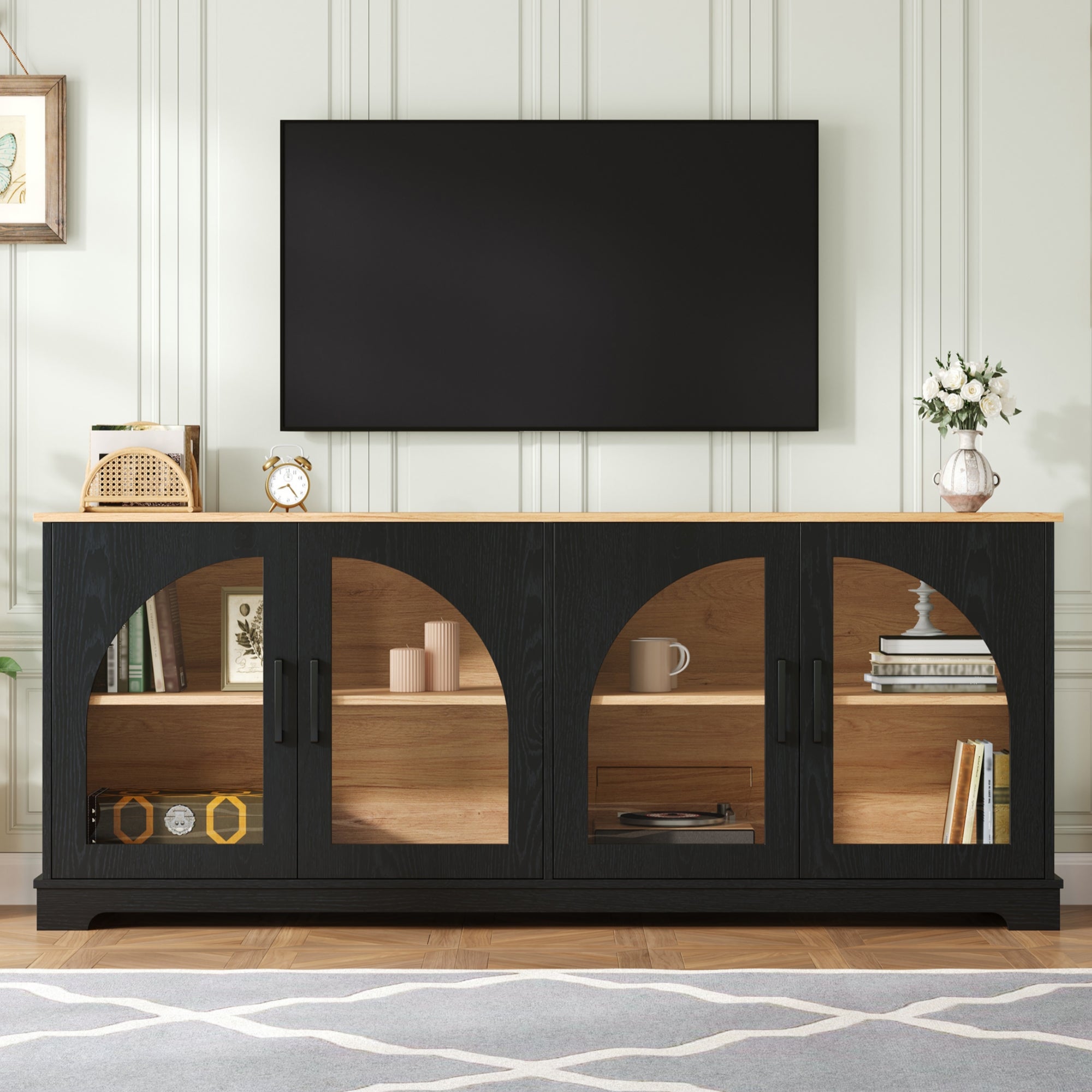 Spoleto 67" Arched Glass Door TV Stand Media Console with 4 Doors