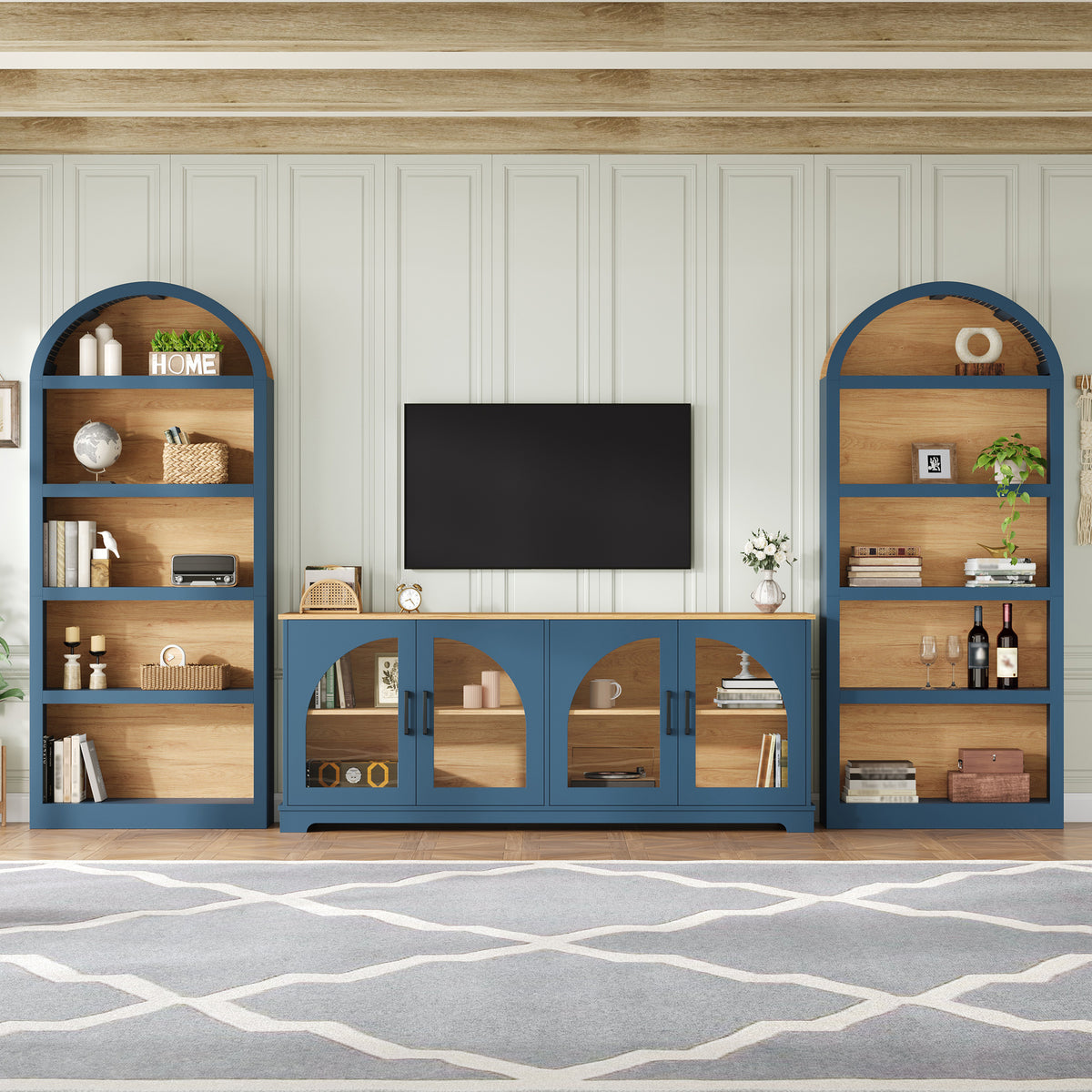 Spoleto 127" 3-Piece TV Stand Set with 2 Arched Bookcases