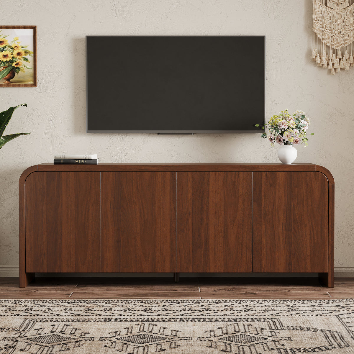 Rieti 66" Curved 4-Door Credenza Media Console with Adjustable Shelves