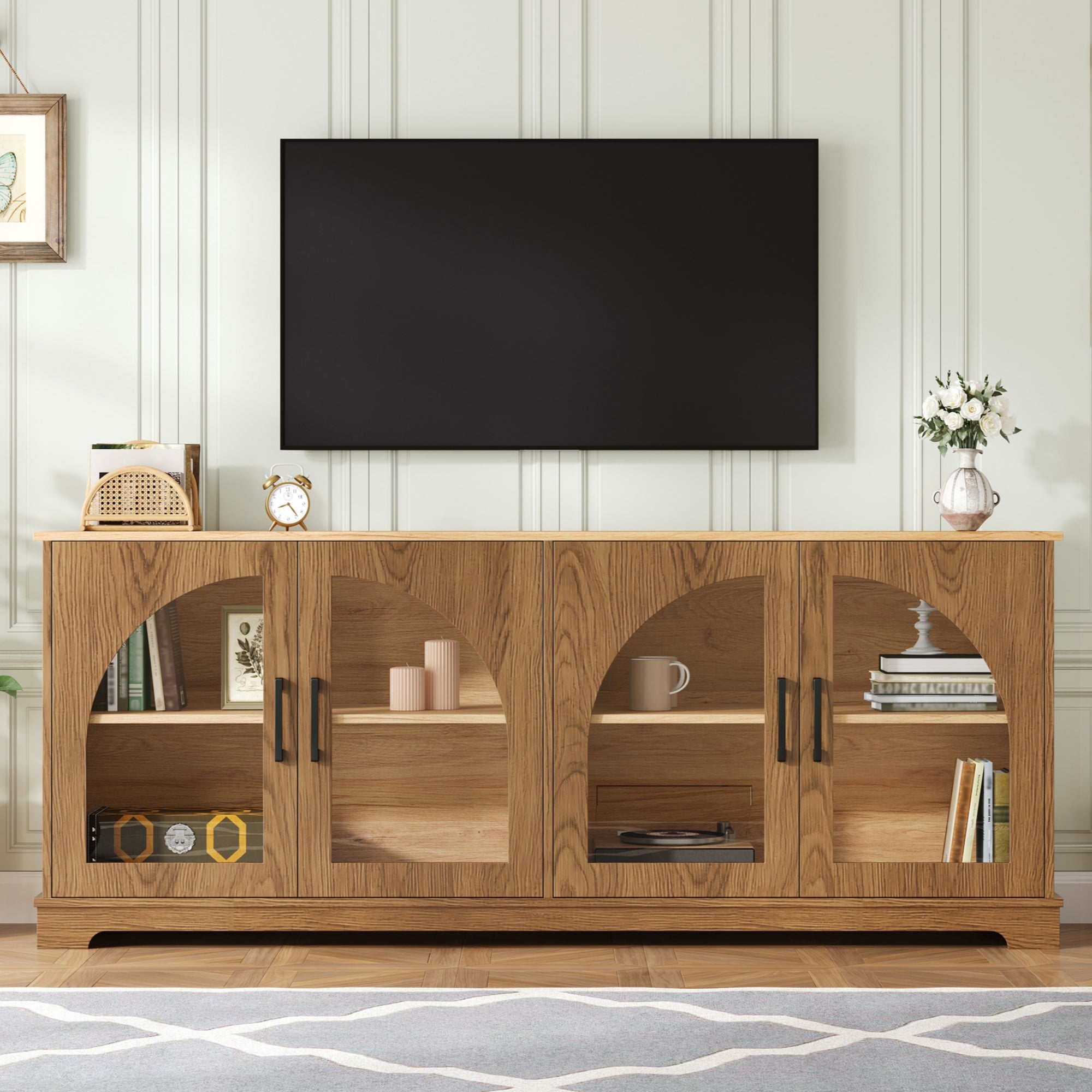 Spoleto 67" Arched Glass Door TV Stand Media Console with 4 Doors