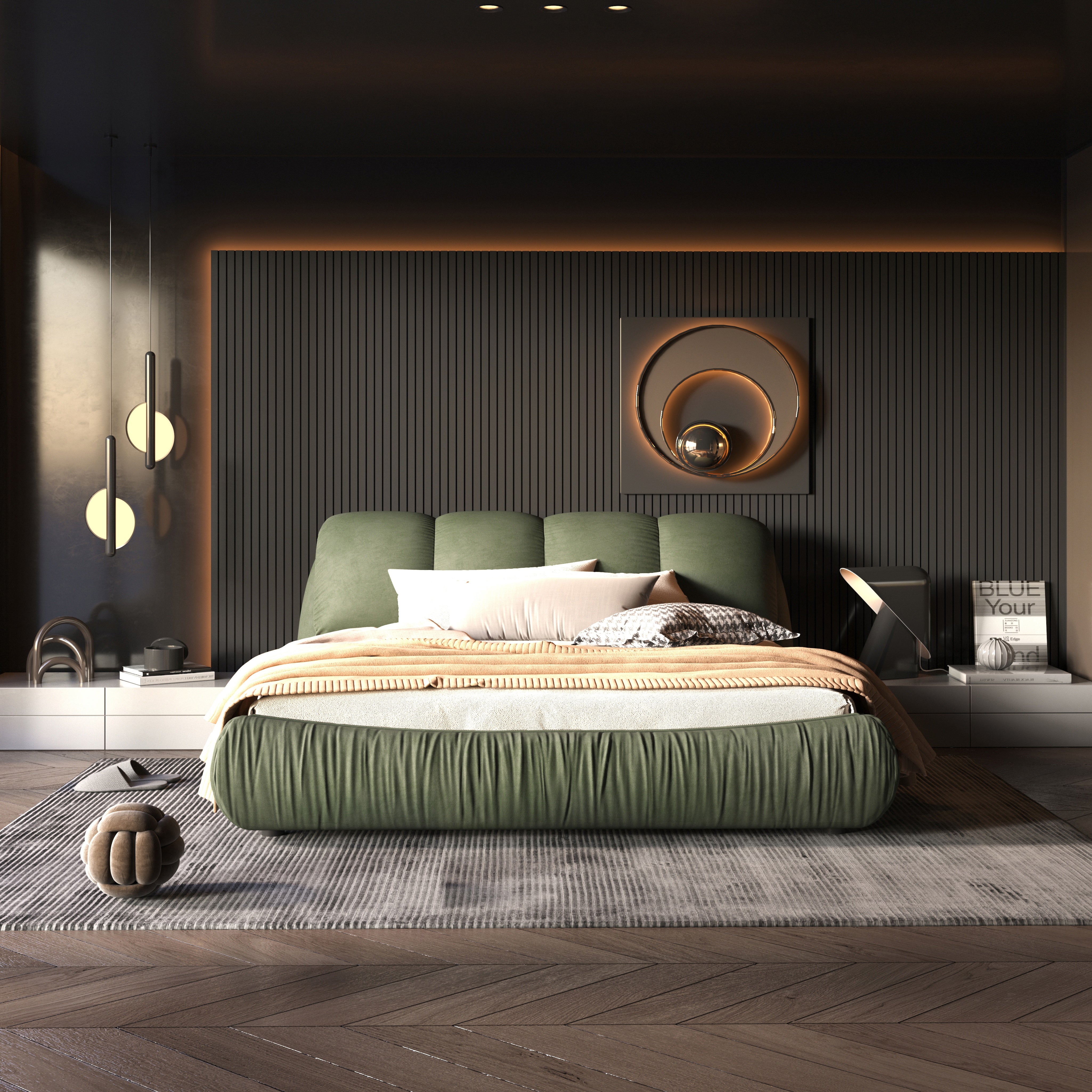 Trosa Luxury King Upholstered Platform Bed with Oversized Cushion Headboard