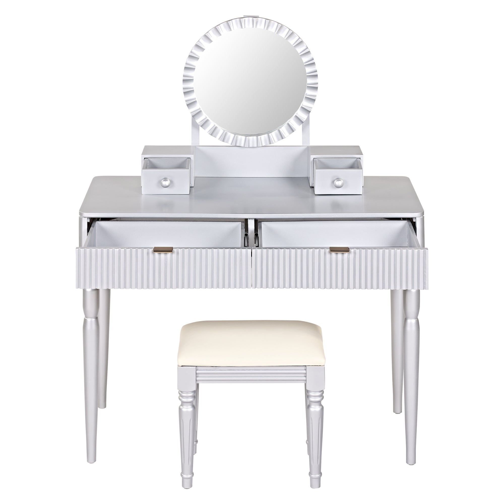 Vika 39" Fluted Vanity Desk Set with Round Mirror and Drawers