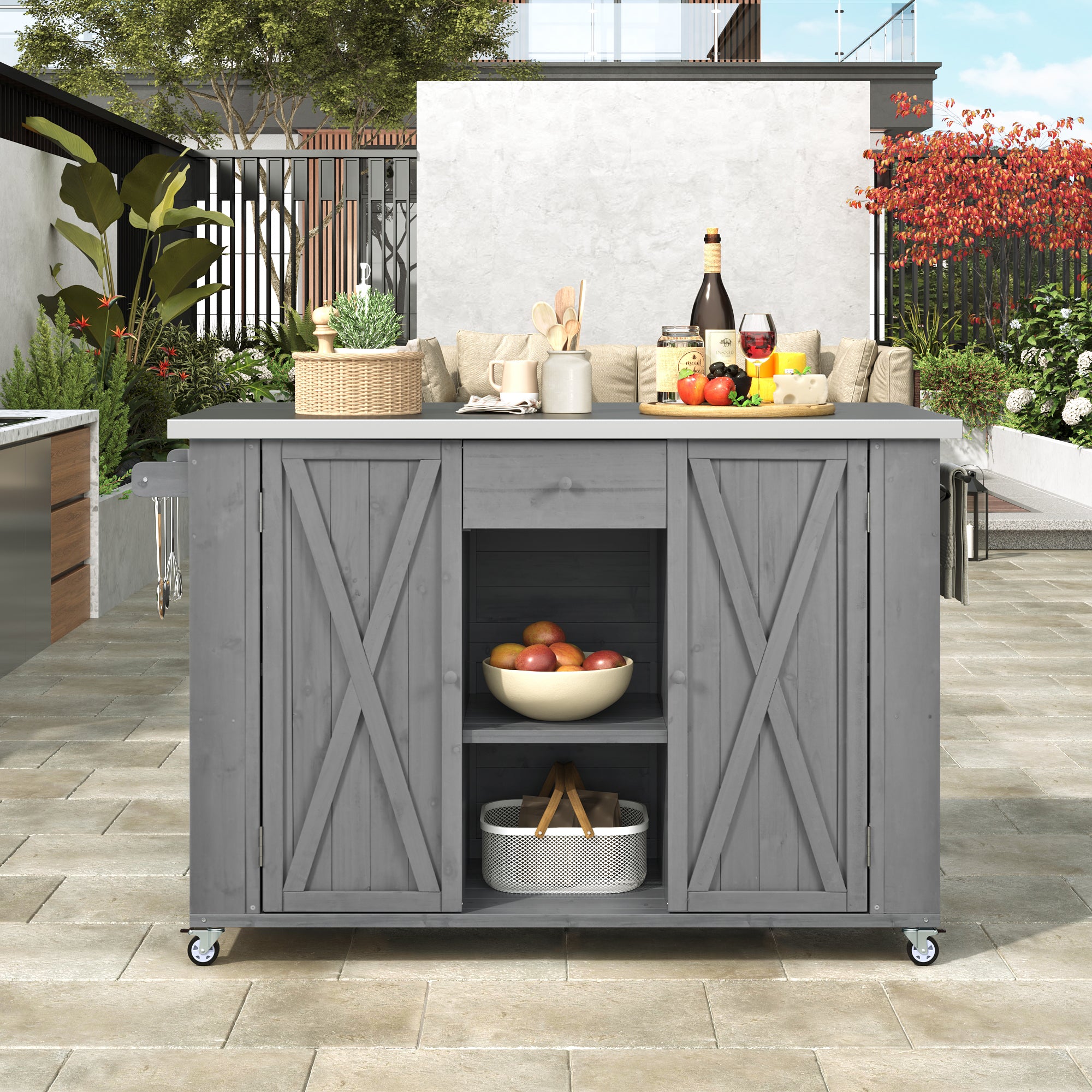 Quebec 52" Outdoor Fir Wood Kitchen Island with Stainless Steel Top, Black