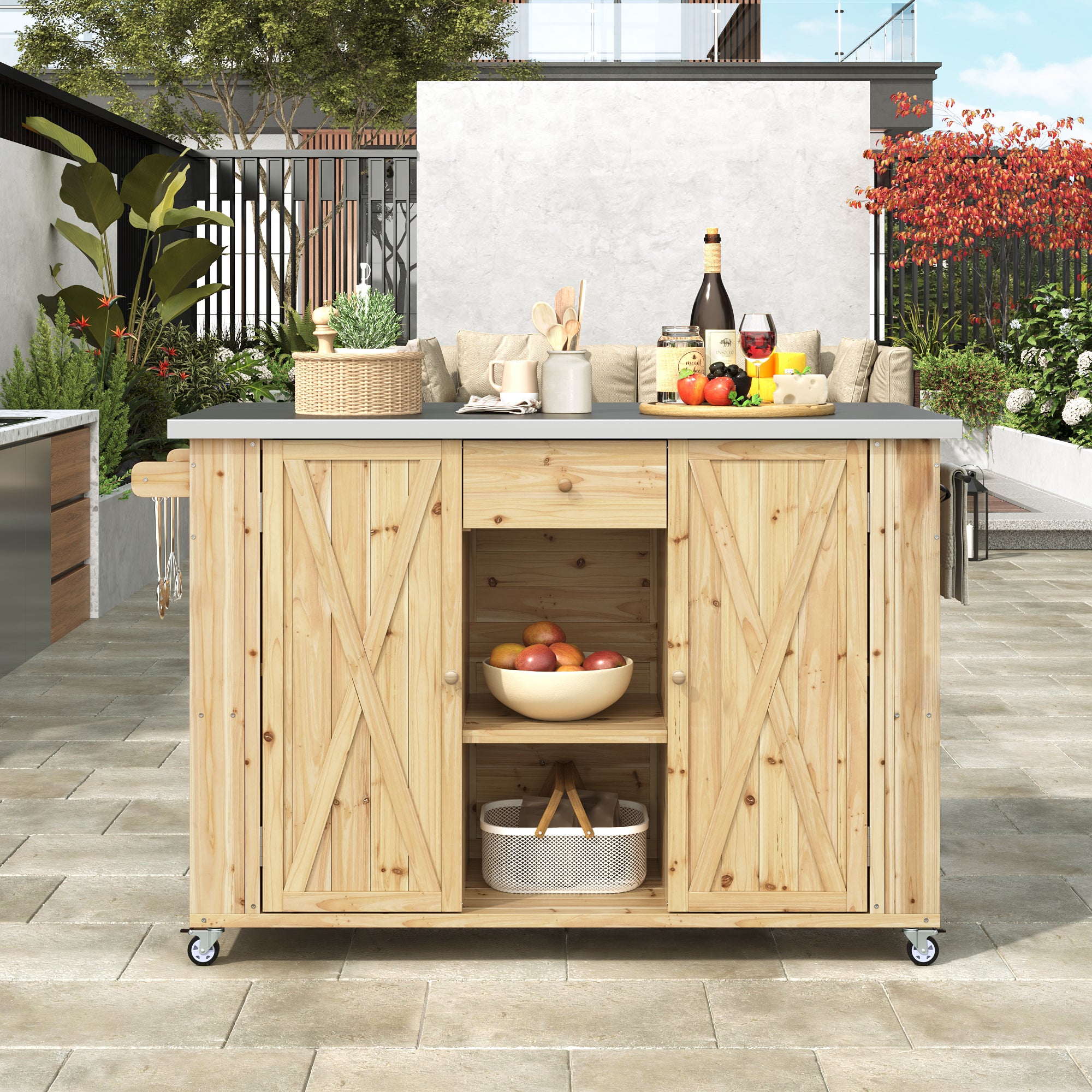 Quebec 52" Outdoor Fir Wood Kitchen Island with Stainless Steel Top, Black