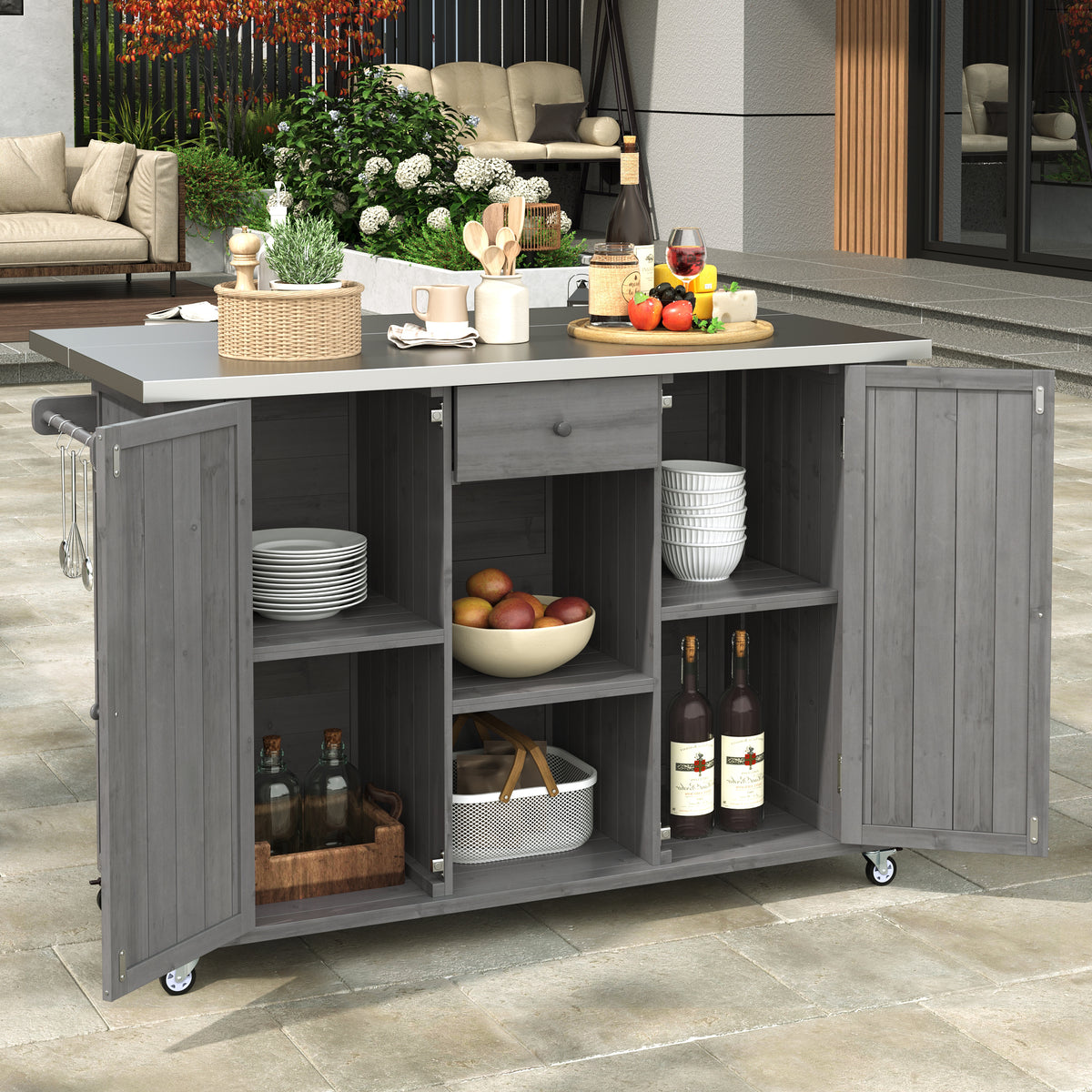 Quebec 52" Outdoor Fir Wood Kitchen Island with Stainless Steel Top, Black