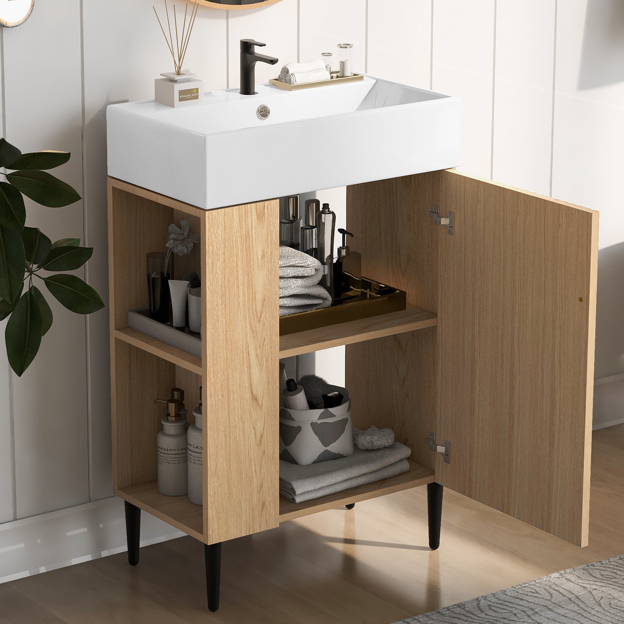 Ouray 22" Bathroom Vanity with Ceramic Sink and Left-Side Open Shelves