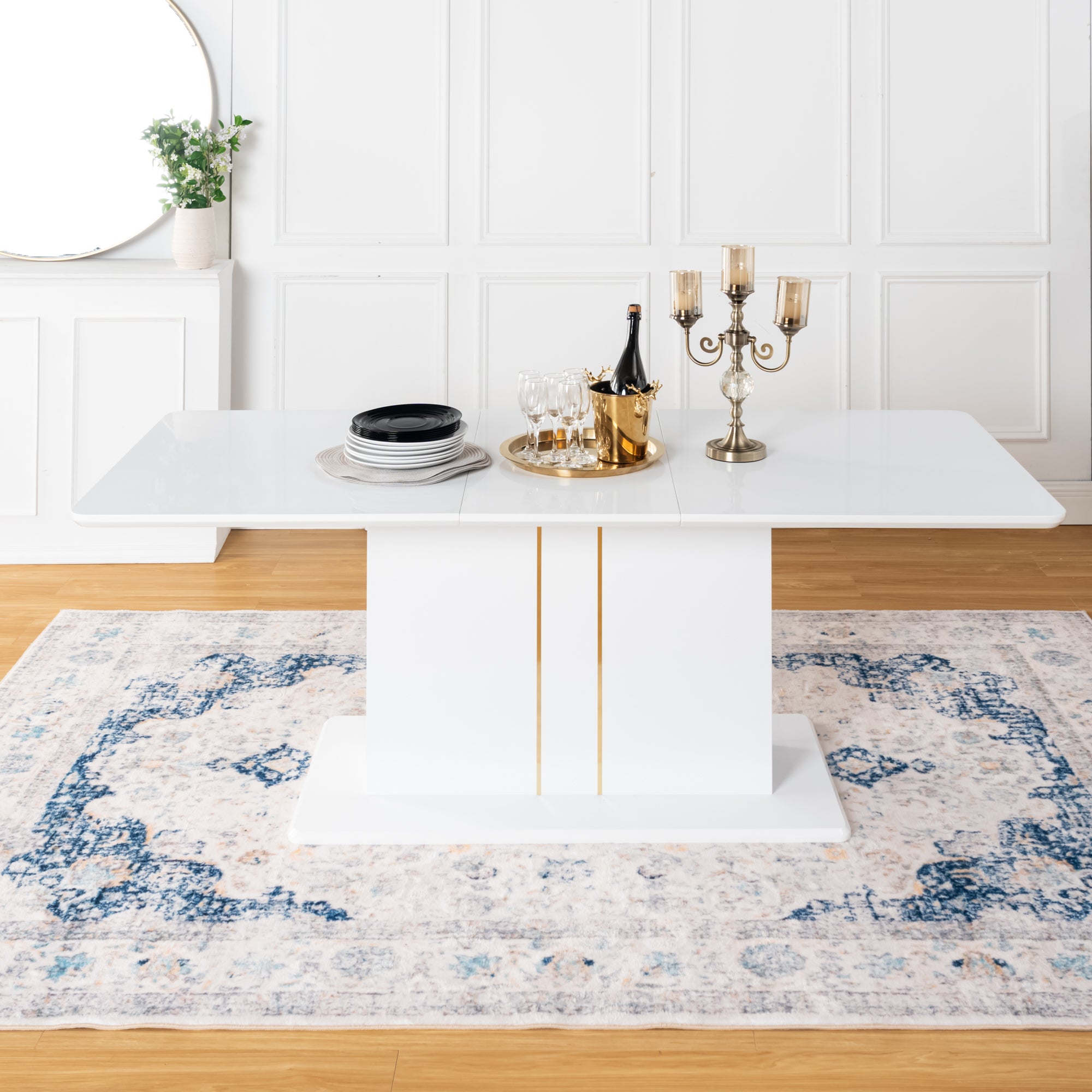 QUINBY High Gloss White Extendable Dining Table Pedestal Base Rounded Corners Modern Kitchen Table