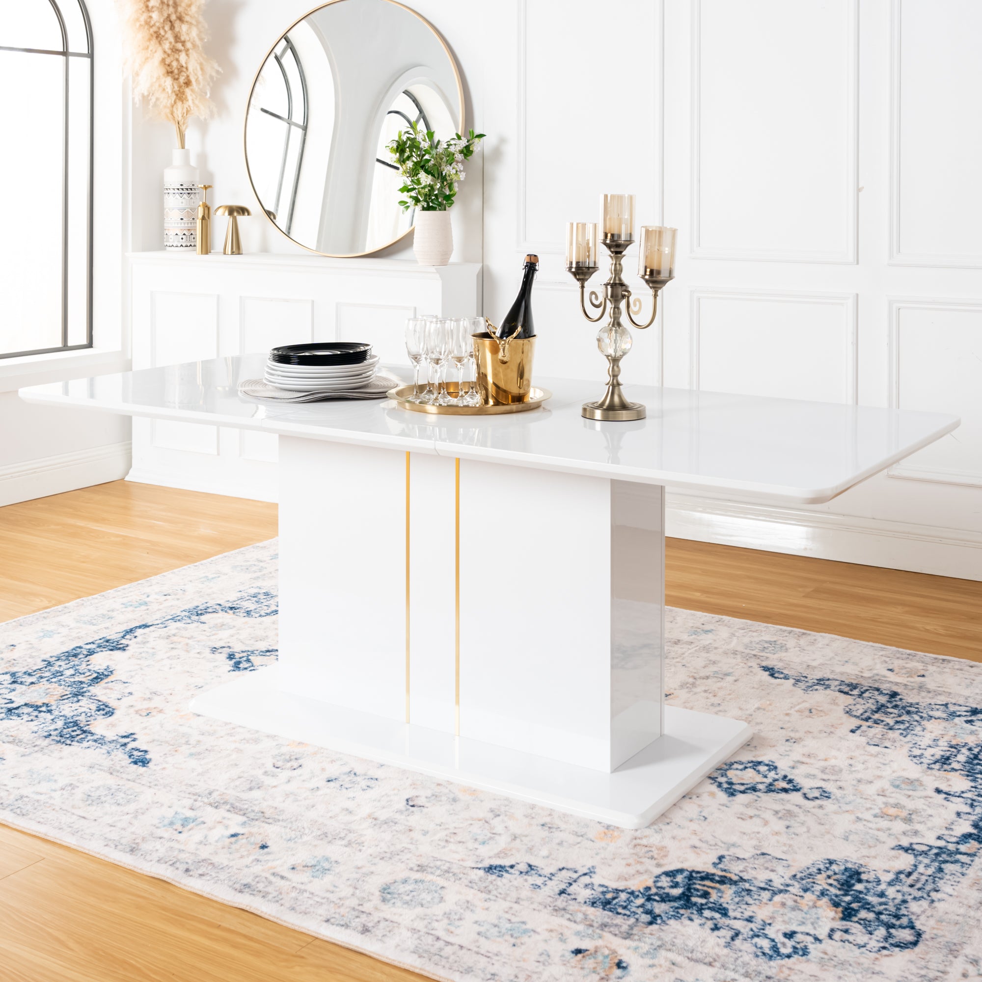 QUINBY High Gloss White Extendable Dining Table Pedestal Base Rounded Corners Modern Kitchen Table