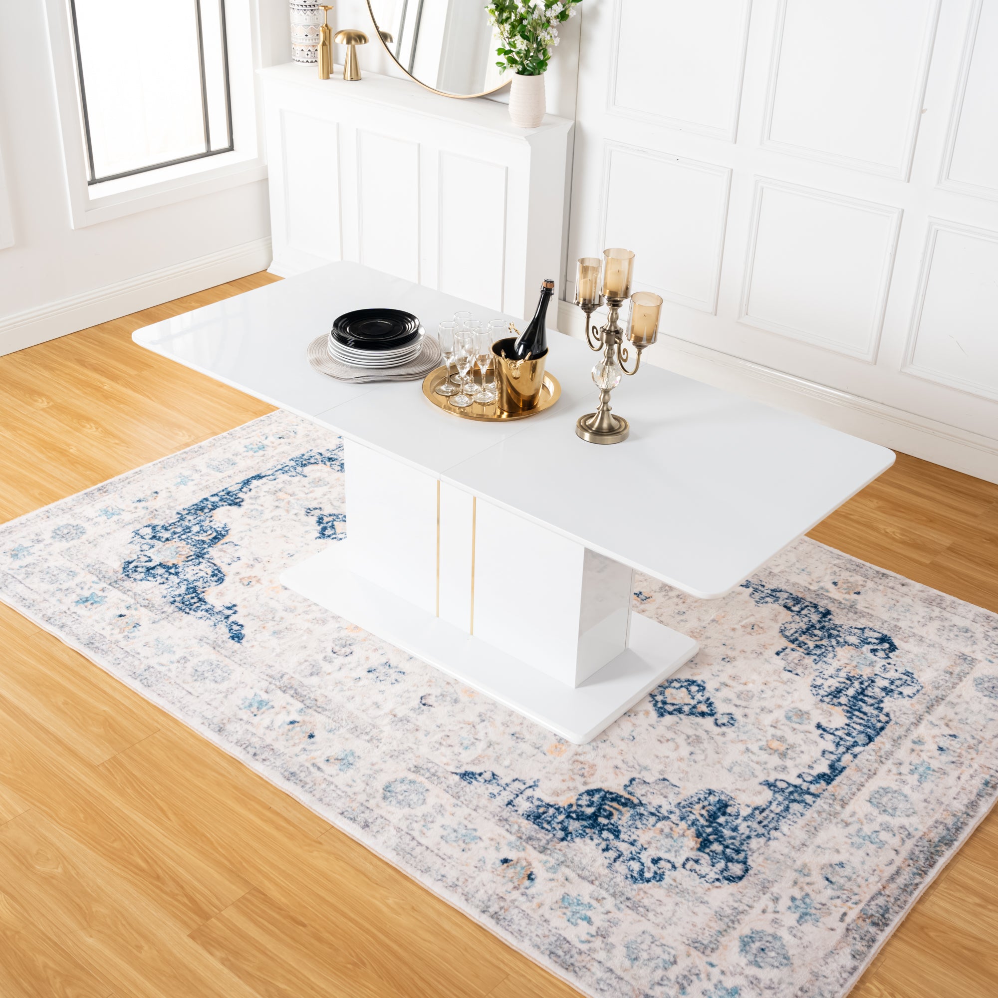 QUINBY High Gloss White Extendable Dining Table Pedestal Base Rounded Corners Modern Kitchen Table