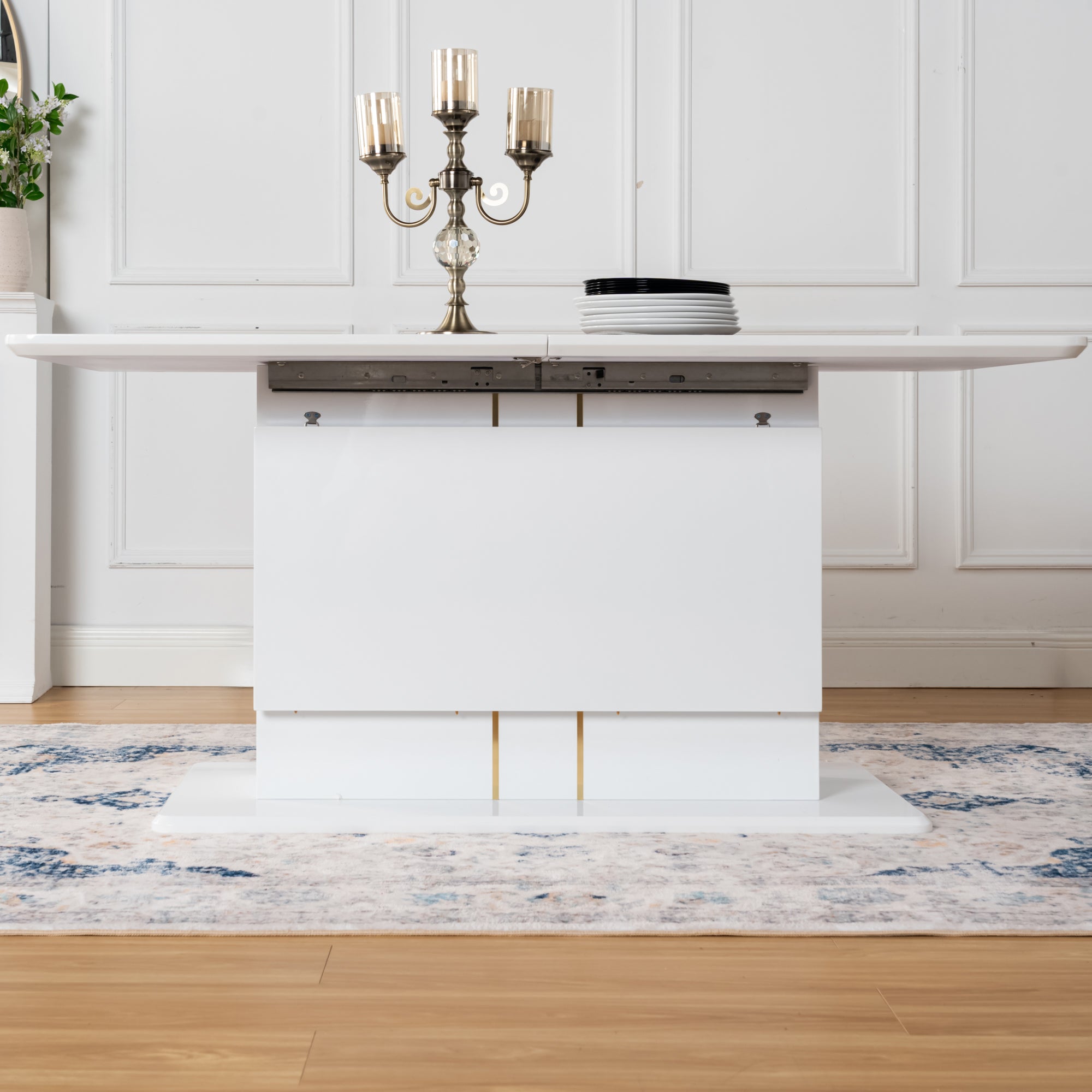 QUINBY High Gloss White Extendable Dining Table Pedestal Base Rounded Corners Modern Kitchen Table