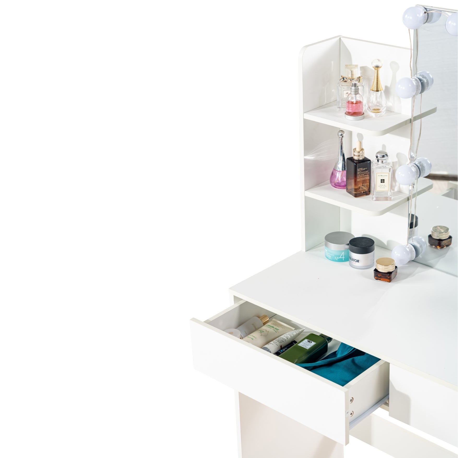 Homy Casa Slan Modern White Vanity Set with 7 Colors LED Mirror and Stool 35.4" Vanity Table LED Makeup Desk Storage Shelves