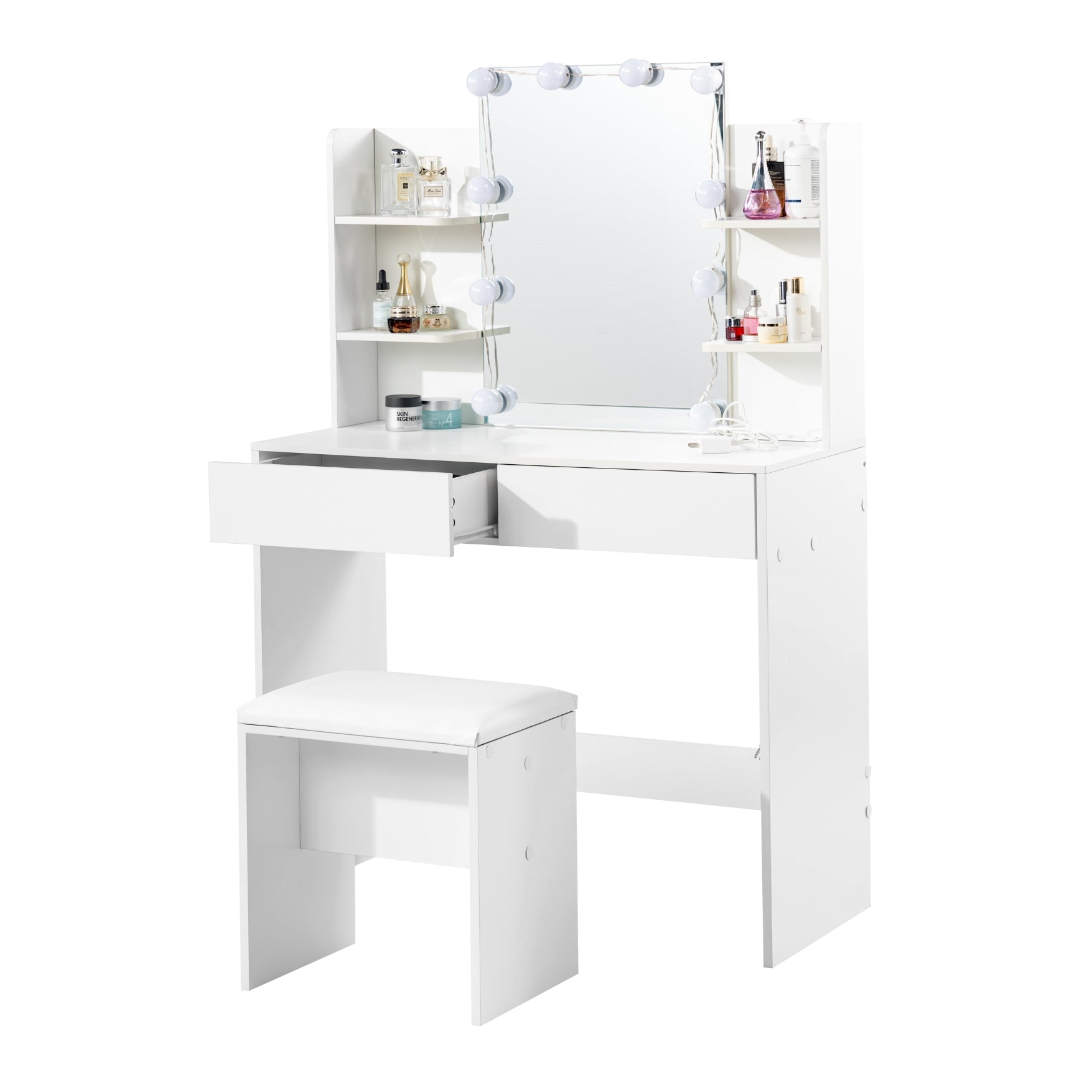 Homy Casa Slan Modern White Vanity Set with 7 Colors LED Mirror and Stool 35.4" Vanity Table LED Makeup Desk Storage Shelves