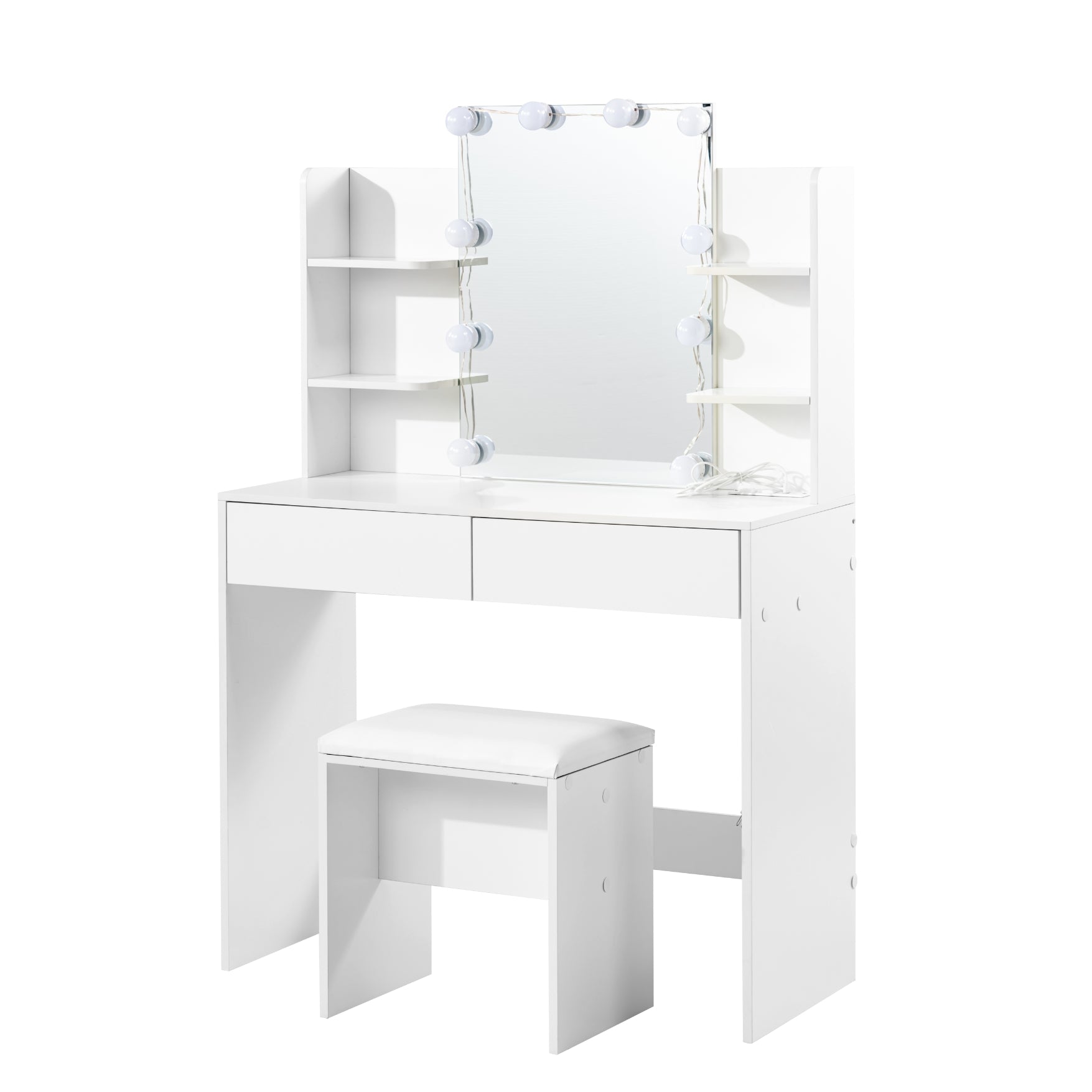 Homy Casa Slan Modern White Vanity Set with 7 Colors LED Mirror and Stool 35.4" Vanity Table LED Makeup Desk Storage Shelves