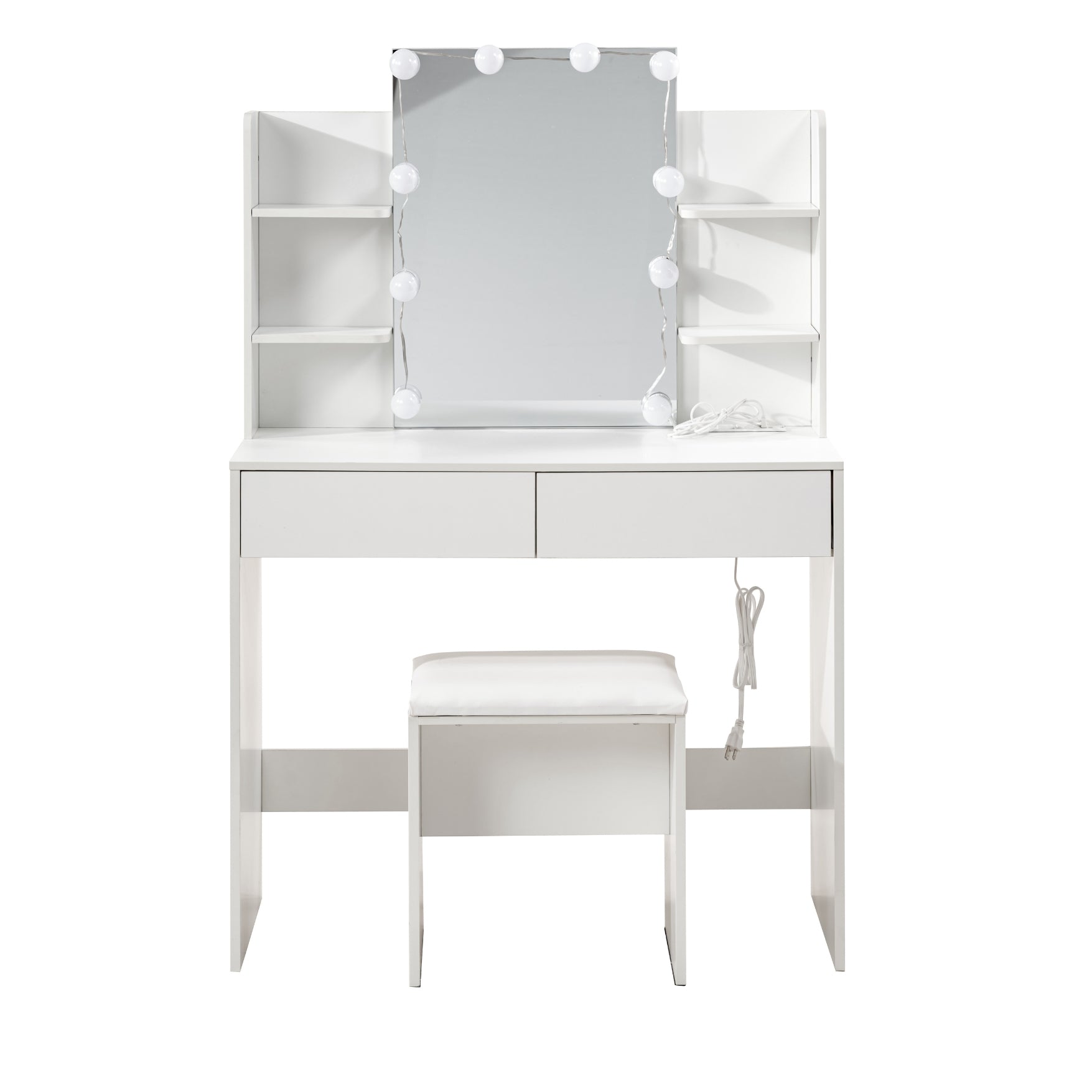 Homy Casa Slan Modern White Vanity Set with 7 Colors LED Mirror and Stool 35.4" Vanity Table LED Makeup Desk Storage Shelves