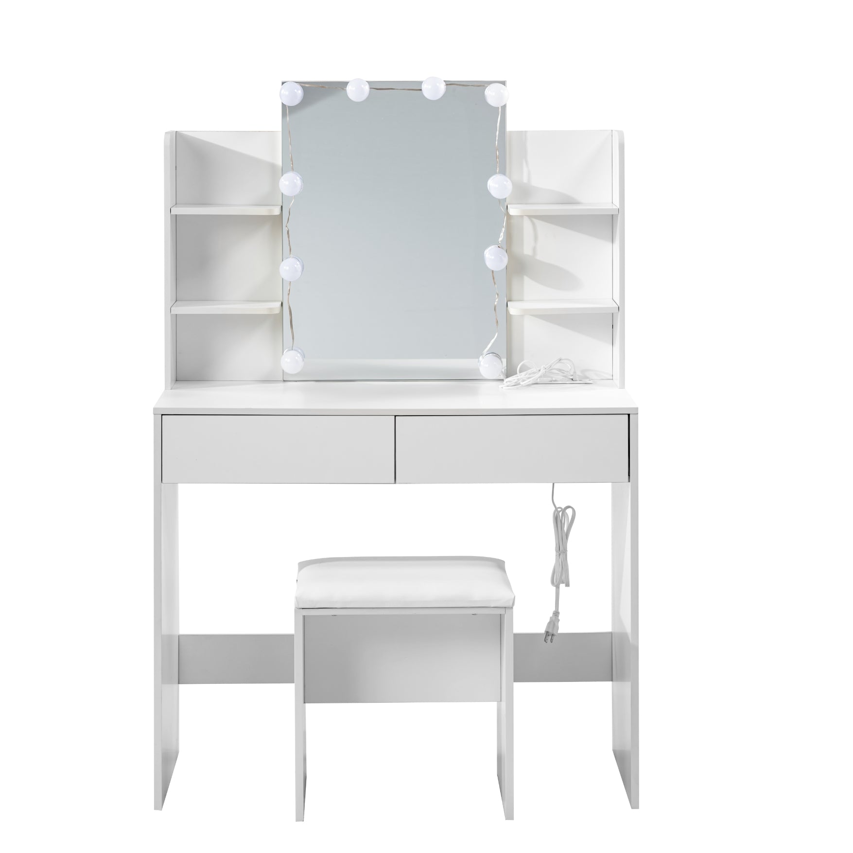 Homy Casa Slan Modern White Vanity Set with 7 Colors LED Mirror and Stool 35.4" Vanity Table LED Makeup Desk Storage Shelves
