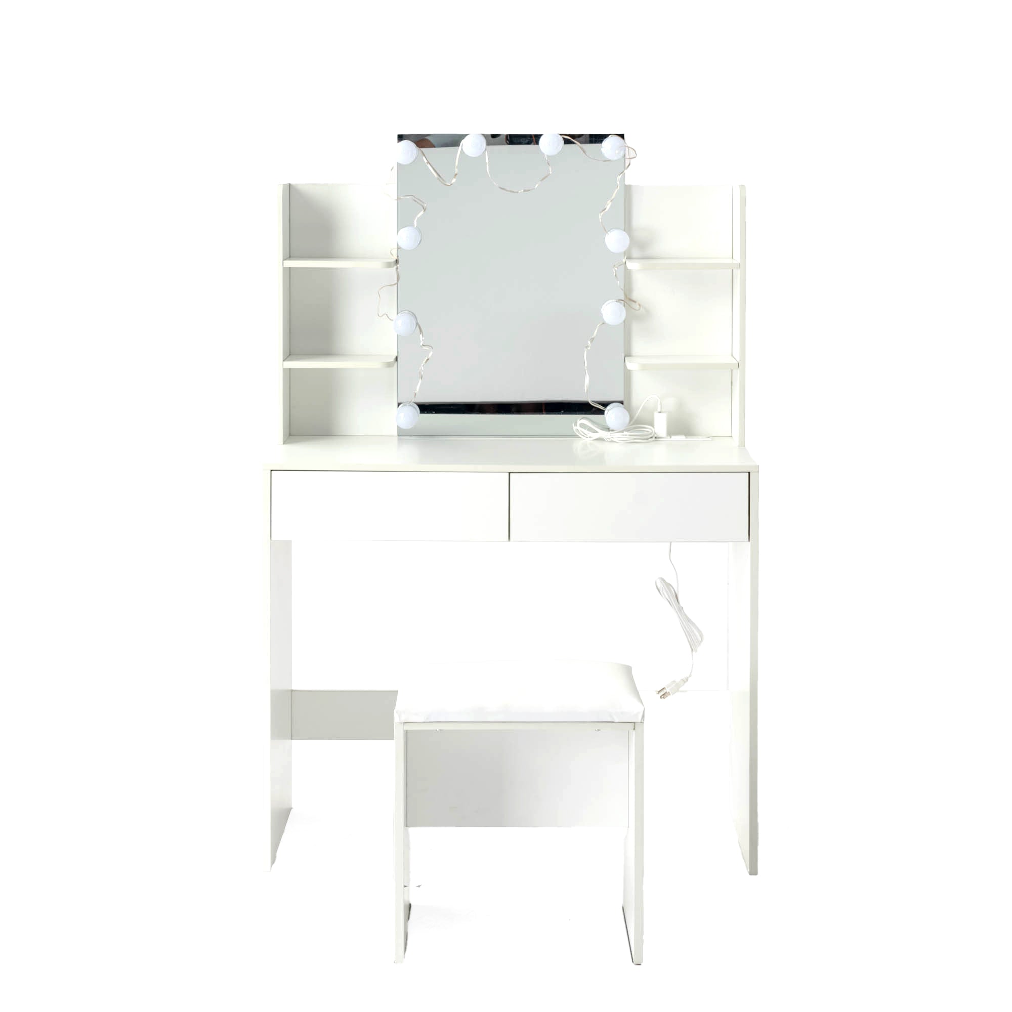 Homy Casa Slan Modern White Vanity Set with 7 Colors LED Mirror and Stool 35.4" Vanity Table LED Makeup Desk Storage Shelves