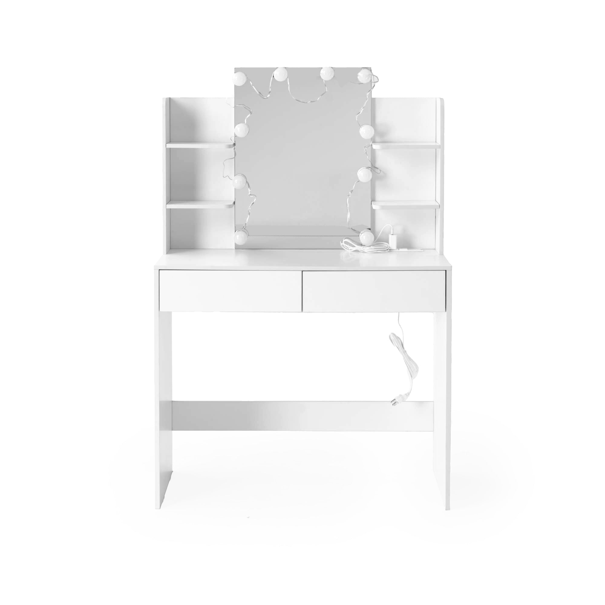 Homy Casa Slan Modern White Vanity Set with 7 Colors LED Mirror and Stool 35.4" Vanity Table LED Makeup Desk Storage Shelves