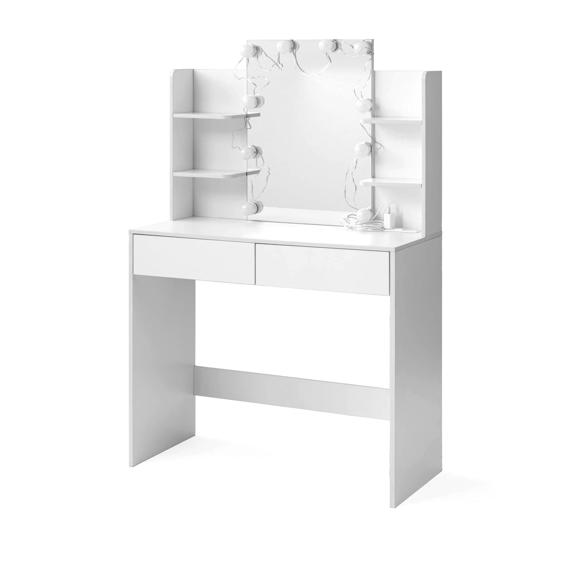 Homy Casa Slan Modern White Vanity Set with 7 Colors LED Mirror and Stool 35.4" Vanity Table LED Makeup Desk Storage Shelves
