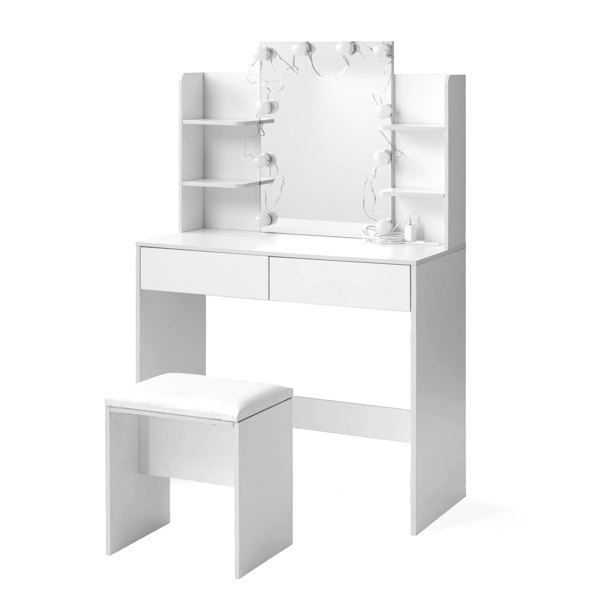 Homy Casa Slan Modern White Vanity Set with 7 Colors LED Mirror and Stool 35.4" Vanity Table LED Makeup Desk Storage Shelves