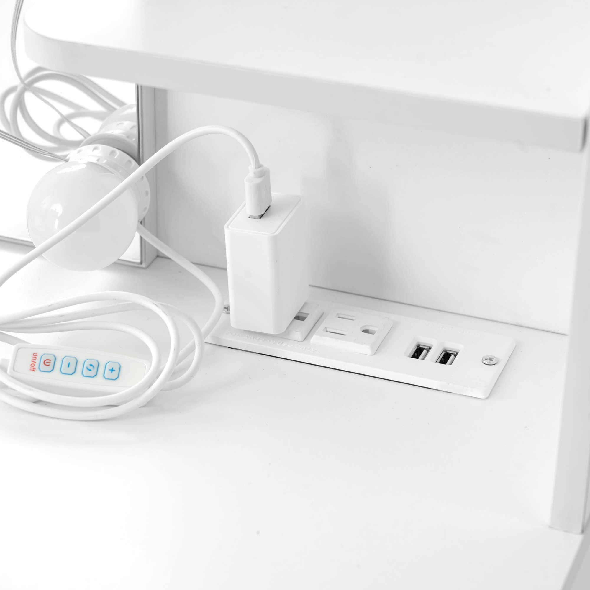 Homy Casa Slan Modern White Vanity Set with 7 Colors LED Mirror and Stool 35.4" Vanity Table LED Makeup Desk Storage Shelves