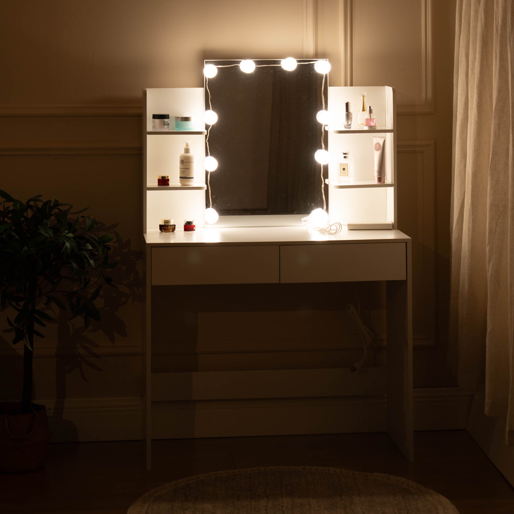 Homy Casa Slan Modern White Vanity Set with 7 Colors LED Mirror and Stool 35.4" Vanity Table LED Makeup Desk Storage Shelves